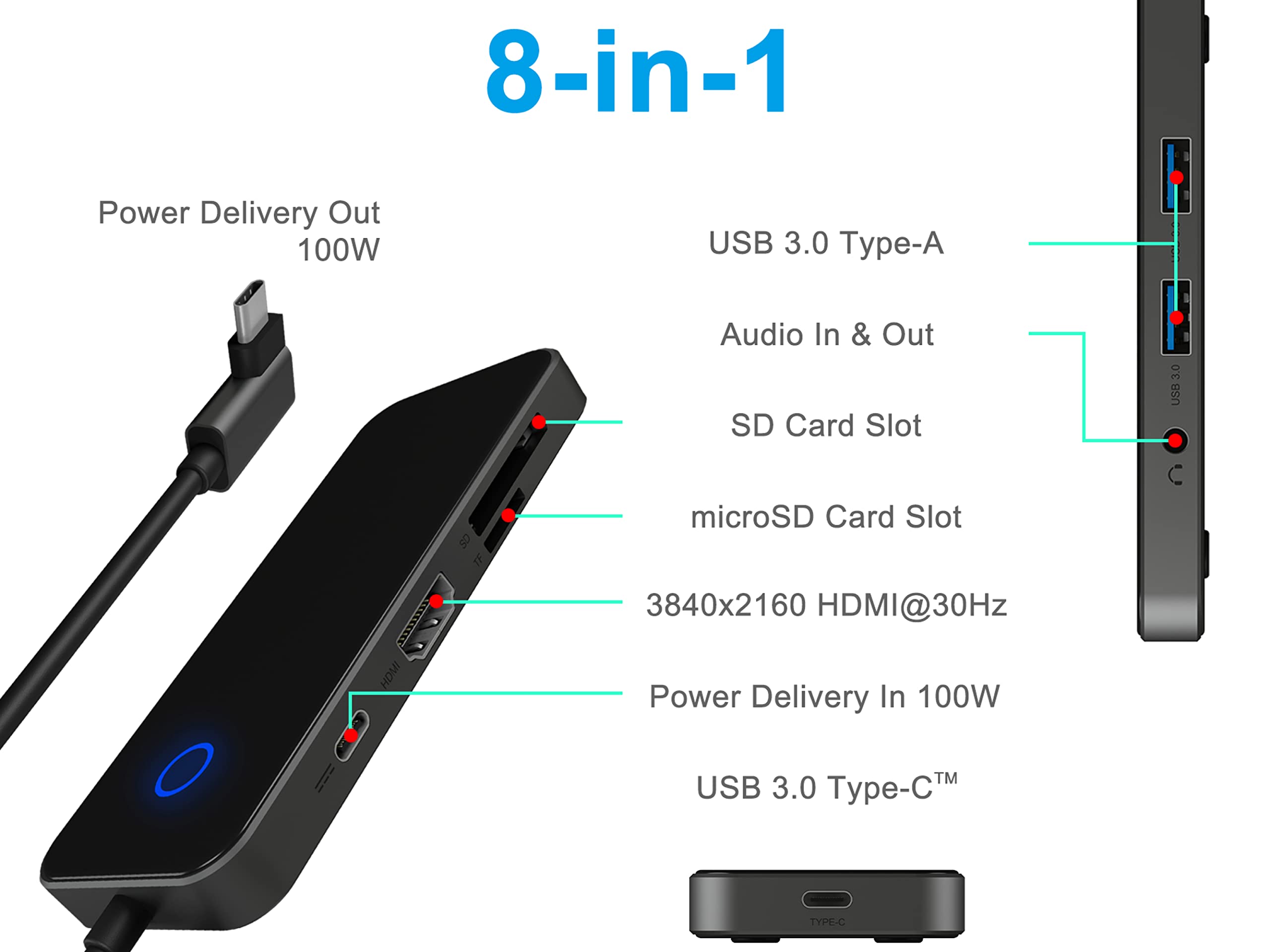 ICY BOX Docking Station USB-C (8 in 1) con 1 HDMI (4K 30Hz), 3 porte USB 3.0 HUB, 100 W Power Delivery, lettore di schede, audio per laptop, MacBook, iPad Pro o Android Tablet/Smartphone