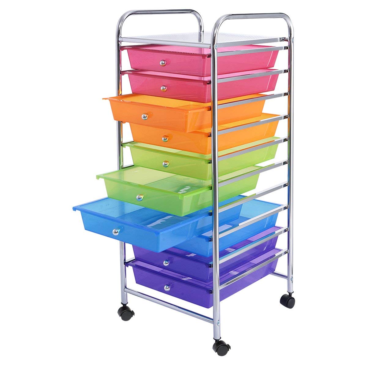 DREAMADE Chariot de Rangement,Desserte à Roulettes,Tour de Rangement en Métal avec 10 Tiroirs,1 Tablette,4 Roues et 2 Freins pour Salon,Chambre,Bureau,Dortoir 32,5 x 37 x 86CM (Coloré)