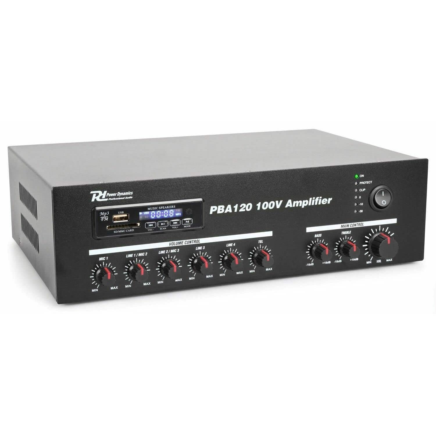 Power Dynamics PBA120 – Pack de 14 Altavoces 100V HS30M IP66 con Amplificador Bluetooth 120W USB FM cableado Profesional y Conexiones RCA para megafonia Exterior e Interior, Color Gris