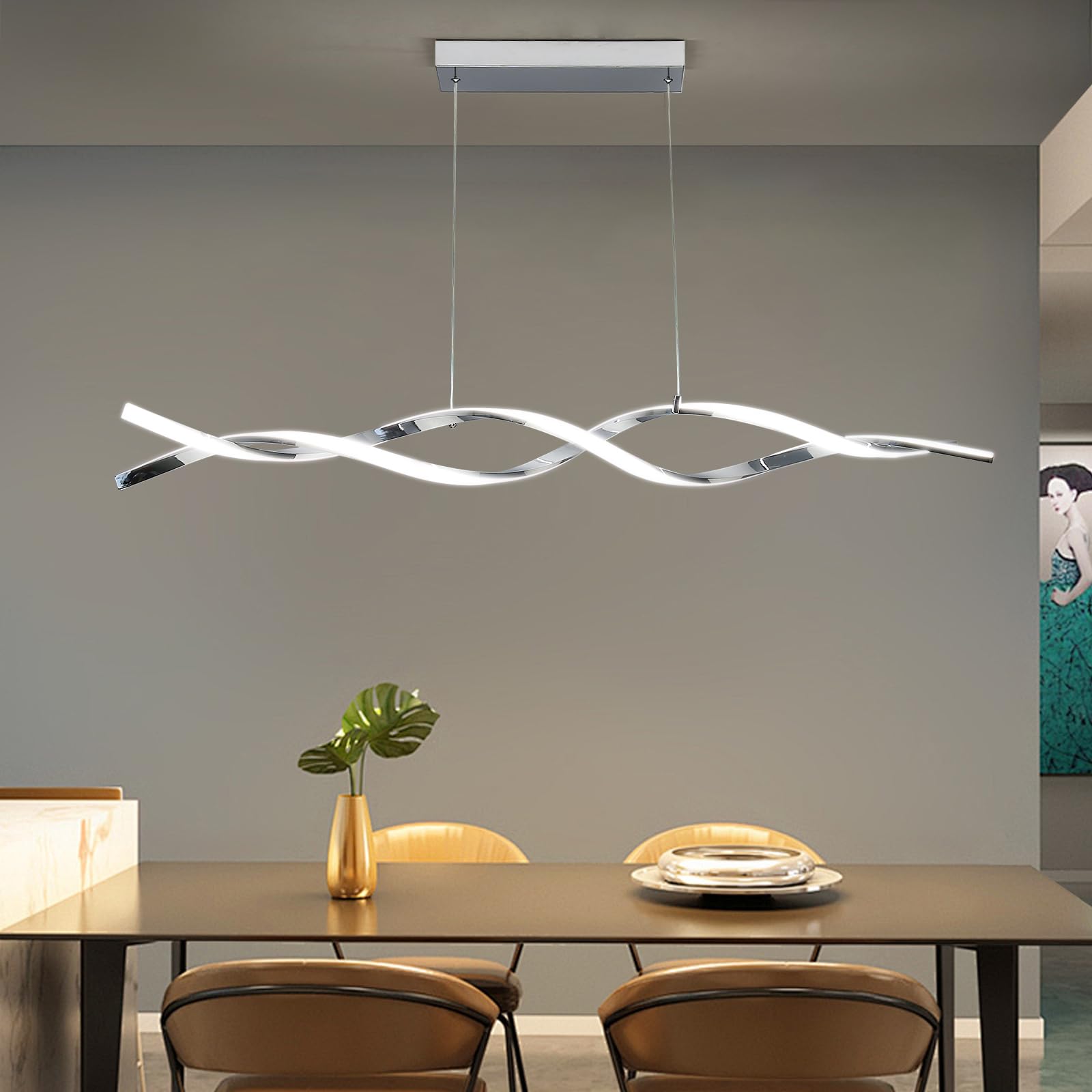 Mikeru 120cm LED Pendelleuchten Höhenverstellbar, LED Chrom Moderne Hängeleuchte Esstisch Hängelampe Dimmbar 10% bis 100% Höhenverstellbarer Wave Pendelleuchte Esstisch für Wohnzimmer, Küche