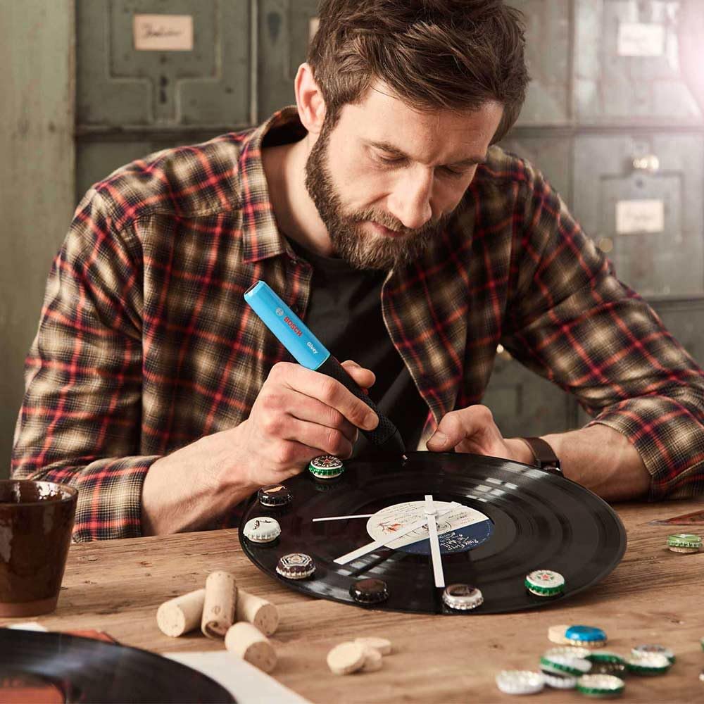 Bosch Akku Heißklebestift Gluey Smoky Grey (mit 20 Klebesticks, Grau, im Karton)