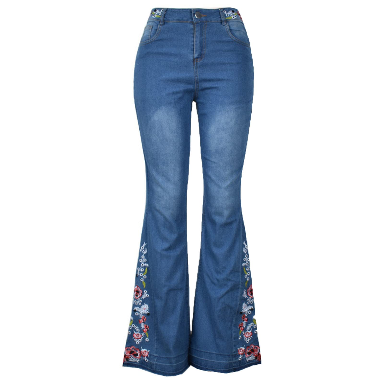 Women's Floral Embroidered Flare Jeans High Waist Slim Bell Bottom Denim Pants Butt Lifting Washed Jean Trouser (Dark Blue,X-Large)