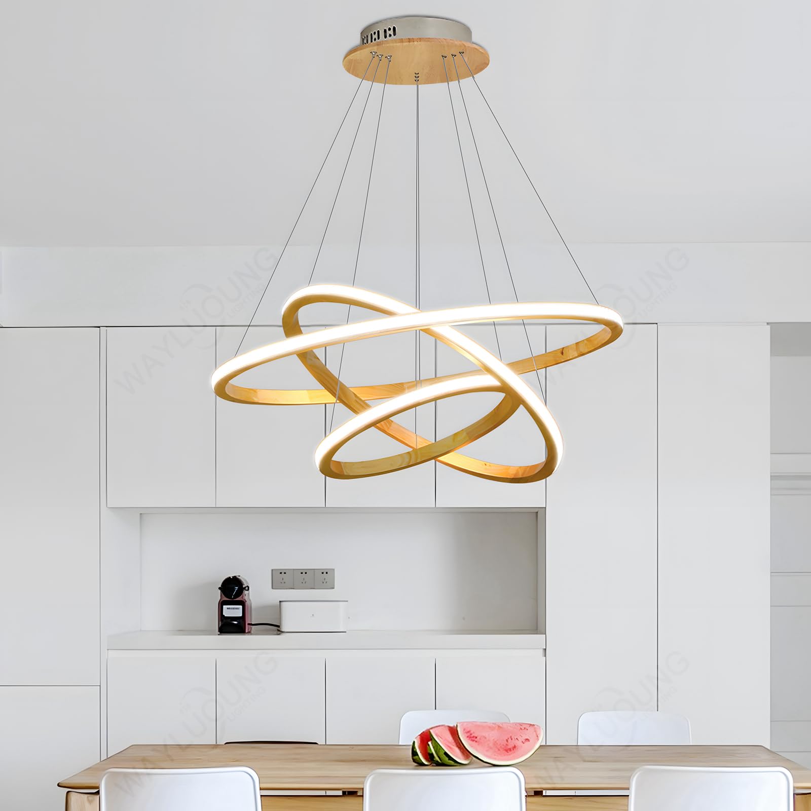 Holz LED Kronleuchter, Deckenleuchte, Dimmbare 3 Ring Holzleuchte, Verstellbare Kreis Pendelleuchte Kücheninsel Esszimmer Wohnzimmer Foyer Zum Aufhängen 【40+60+80cm】