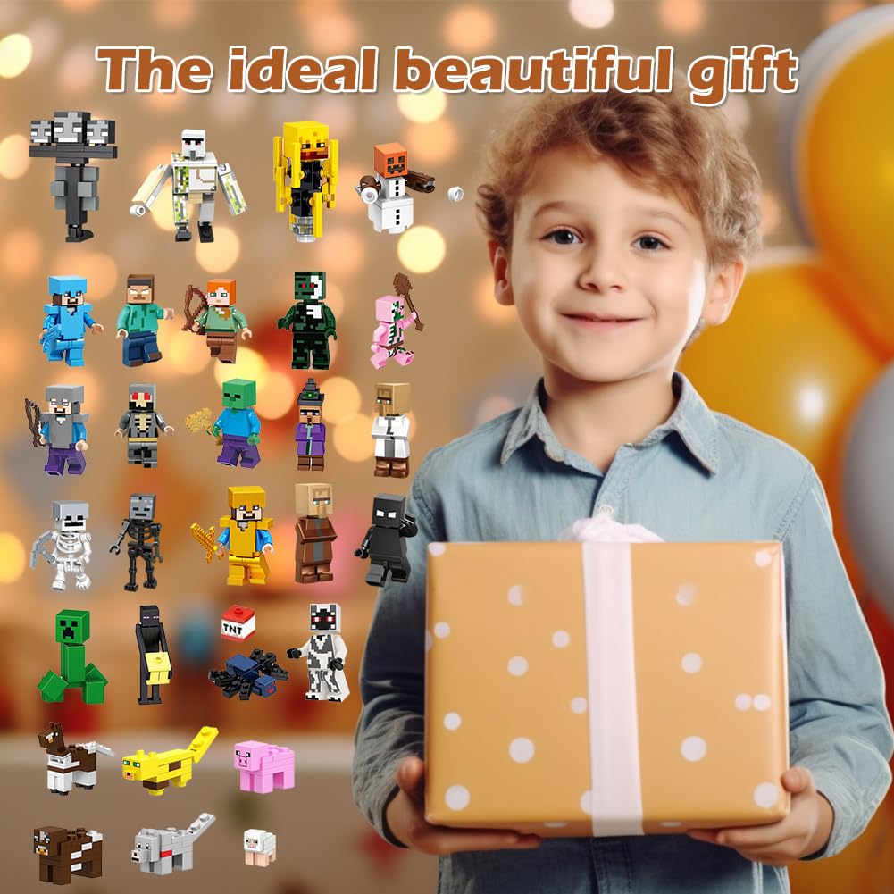Mini Figuren Adventskalender, 29 Stück Miner Gamer Figure Set Tortendeko Figuren Weihnachts-Countdown Videospiel Figur Miner Gamer Bausteine Toys Geschenk für Kinder Junge Mädchen und Spielfans 2-7cm