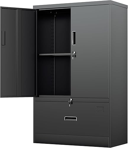 Miniatura 21 de INTERGREAT Archivador lateral con 2 cajones, gabinetes de metal negro para oficina en casa, gabinete de archivos con cerradura para carpetas Negro