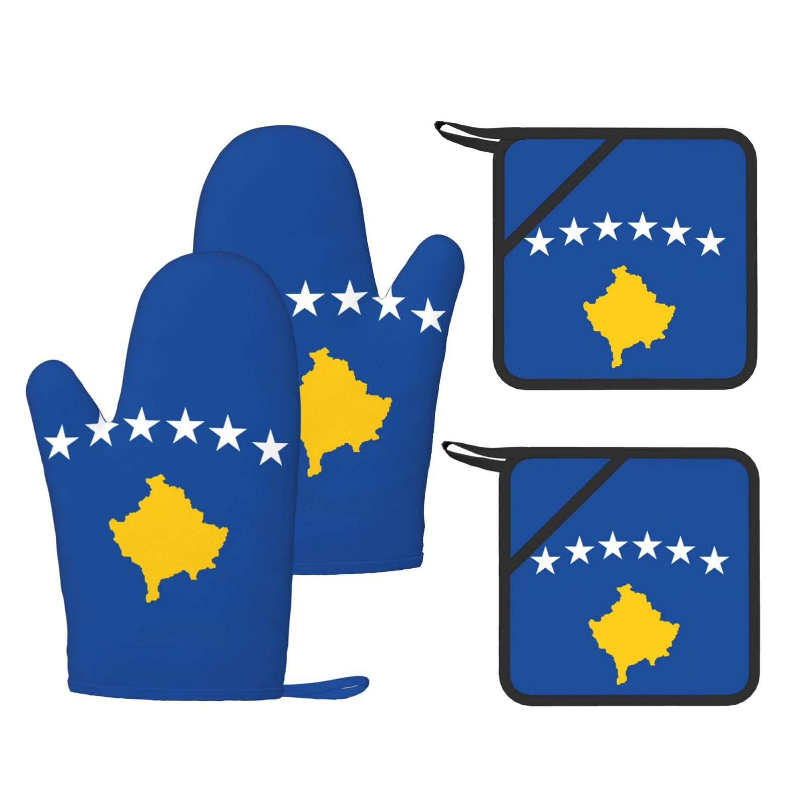 Flag of Kosovo Printed Kitchen Oven Gloves and Potholder 4 Pcs, Non-Slip Heat Resistant Mitts for Baking Chef