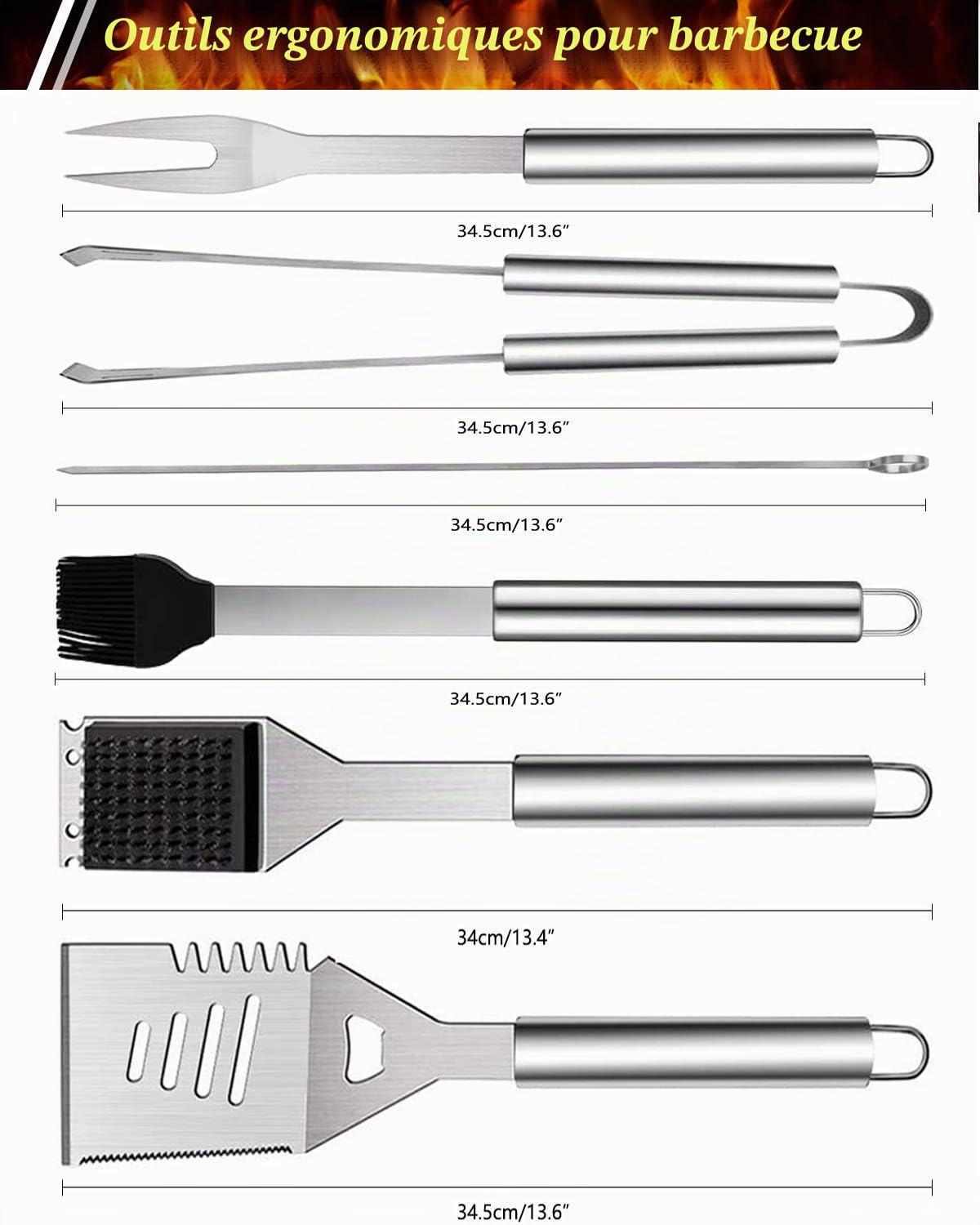 Lot de 10 ustensiles de Barbecue en Acier Inoxydable avec Sac de Transport