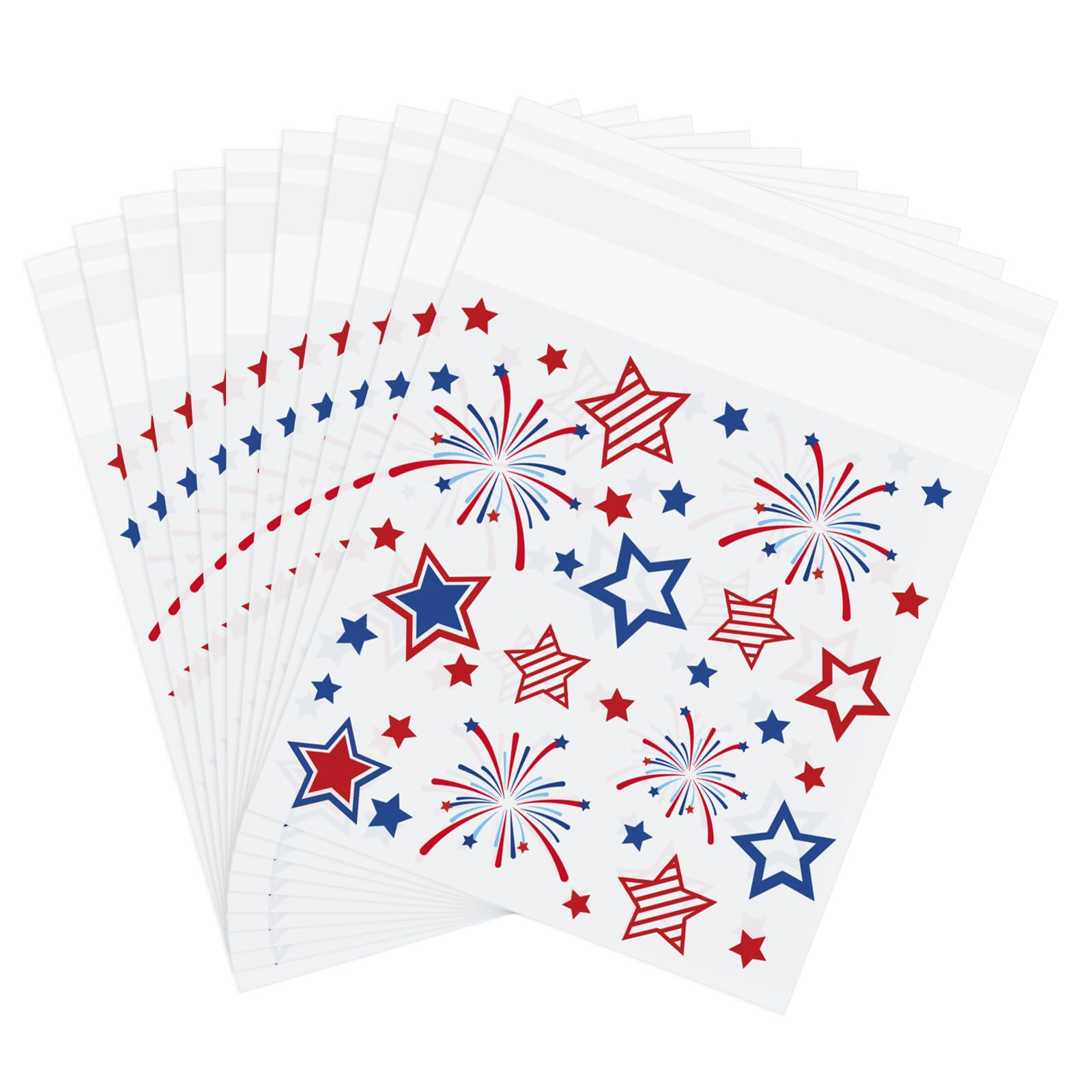JarThenaAMCS 320Pcs 4th of July Self Adhesive Treat Bags - Patriotic Star Firework Cellophane Clear Candy Plastic Goodie Bag for Independence Day