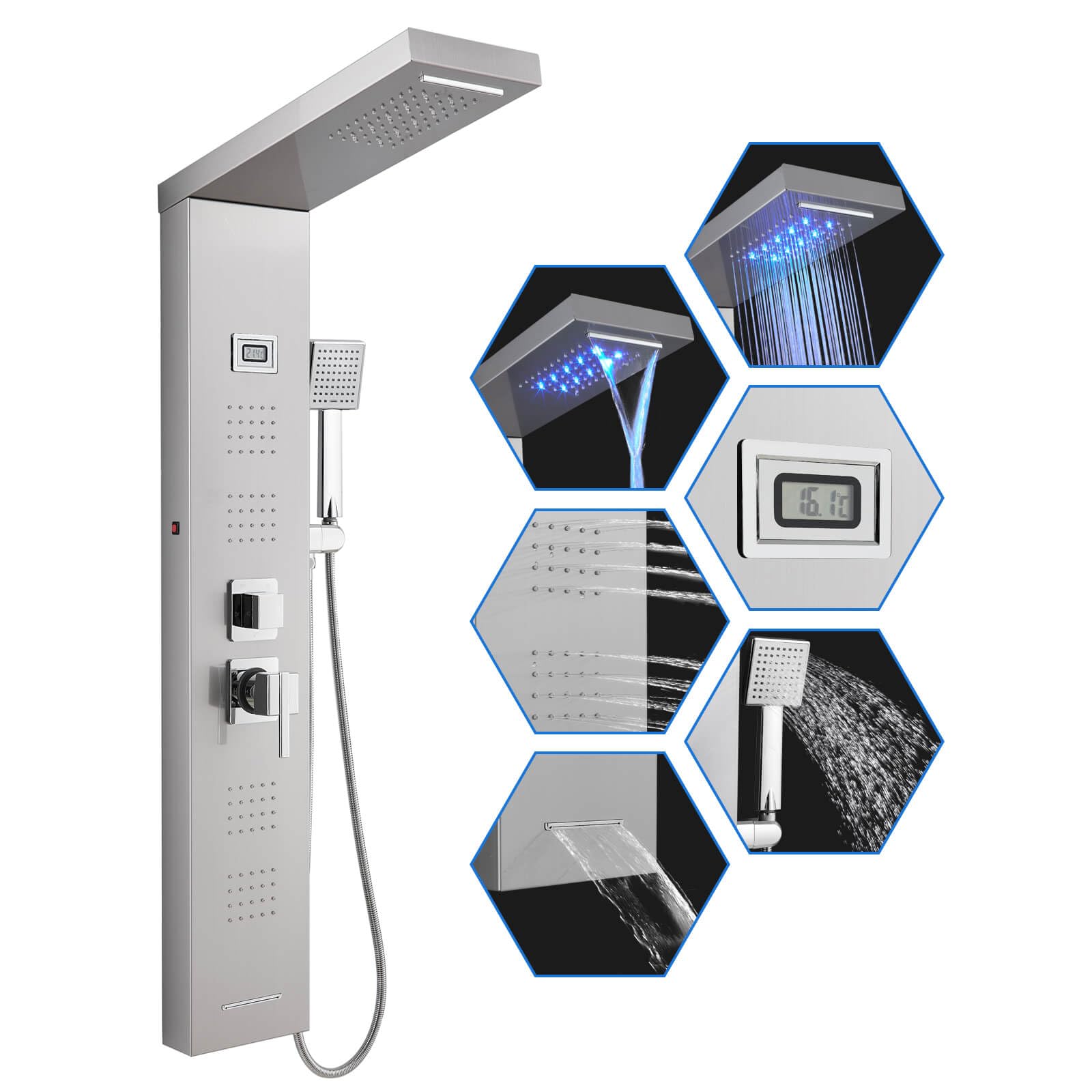 ROVOGO 7-Funktion Duschpaneel mit Armatur - Temperaturanzeige, LED beleuchtet, Regendusche, Wasserfall, Massagedüsen, Handbrause und Wanneneinlauf, 304 Edelstahl Duschsäule für Wandmontage, Gebürstet