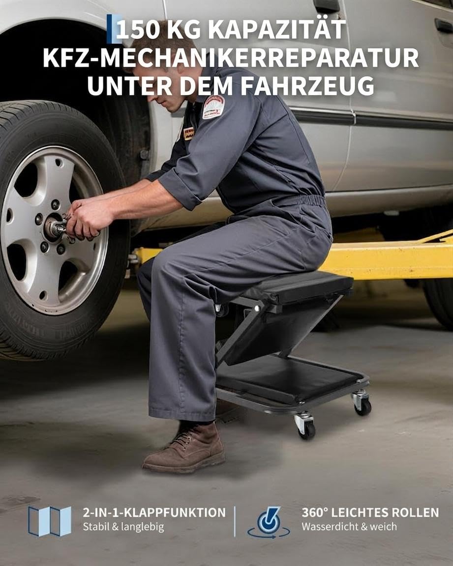 2-in-1 Montagerollbrett, Werkstattliege, 6 Rollen, 136 kg, Schwarz