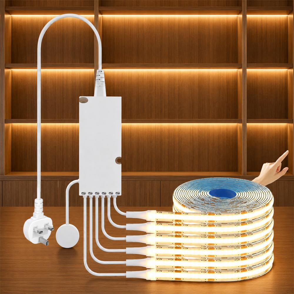 Cabinet Light COB LED Strip Lights 6-in-1, 12V COB LED Strip Dimmable Touch Control with 100W Adapter UK, Strip Lights for Shelves Wardrobes Shelf Wine Cabinets Kitchen Lighting (Warm Light, 6.6FT)