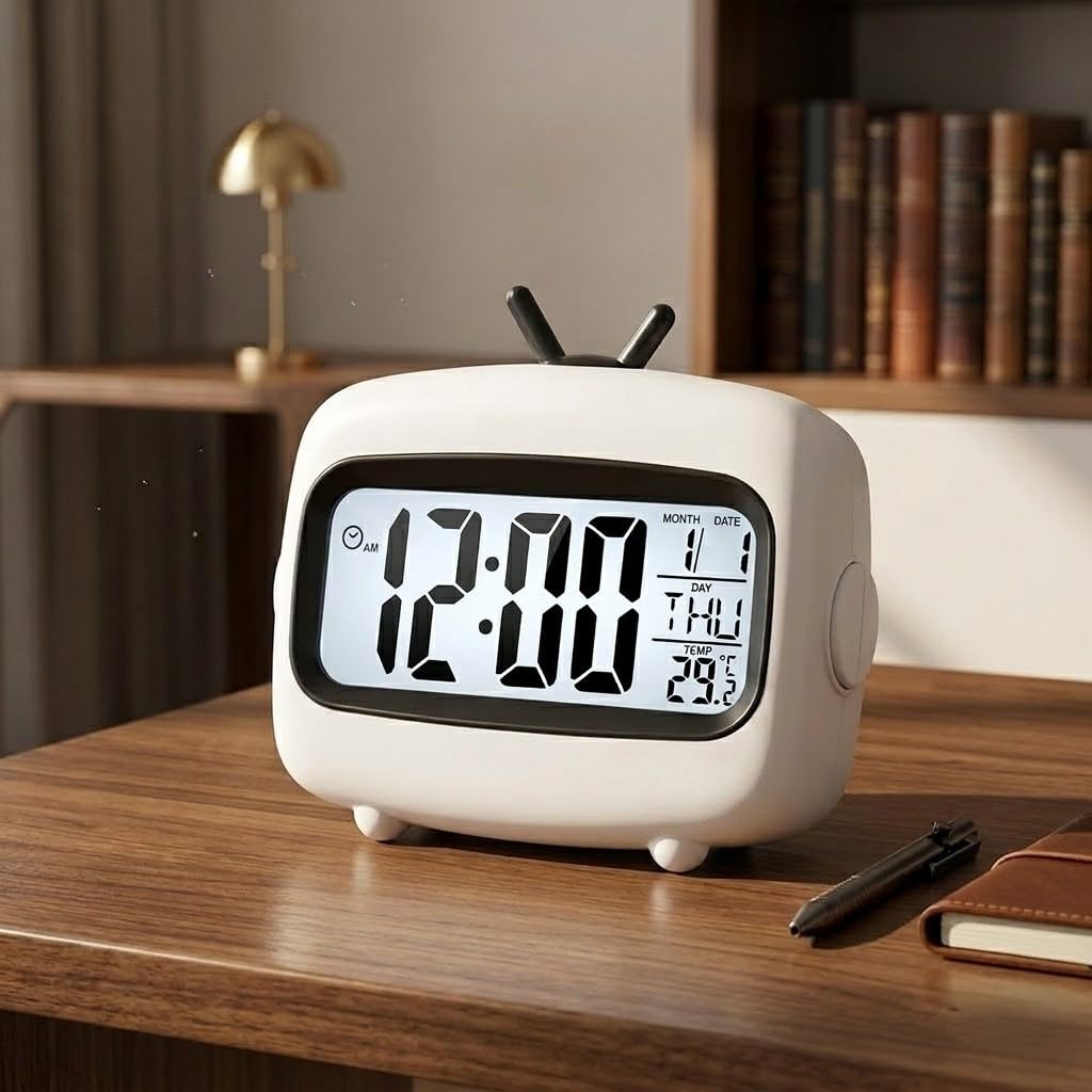 Rosalia Digital Alarm Clock for Heavy Sleepers | Loud Table Clock for Study, Office Desk & Bedroom | Smart Backlit LCD, Date, Weekday & Temperature Display (Matte White)-image-30