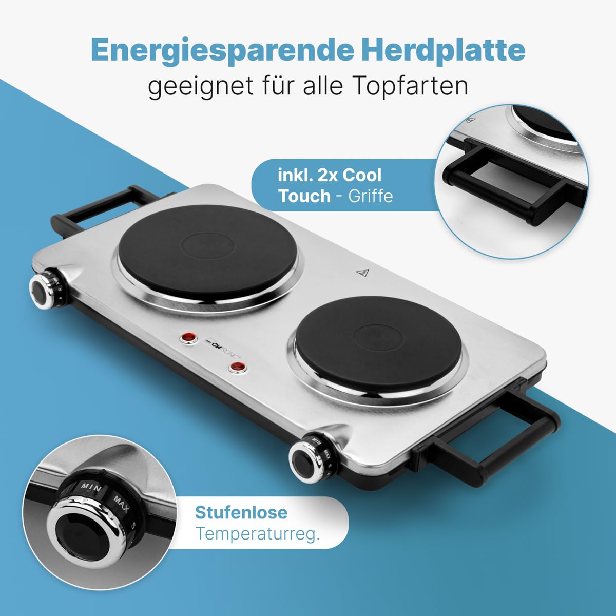 Clatronic Edelstahl-Doppelkochplatte 2500W elektrische Herdplatte mit Cool Touch-Griffen DKP 3668 E