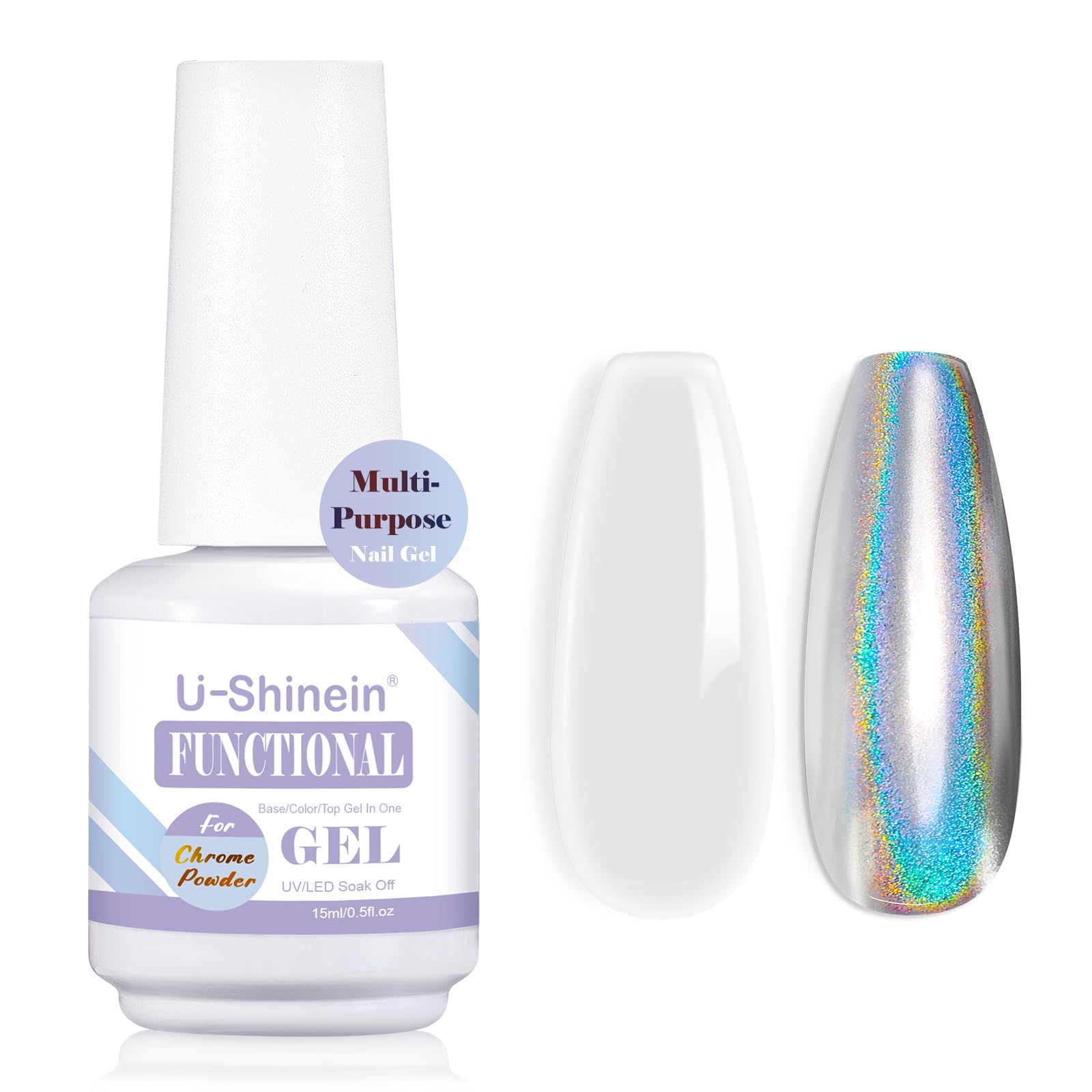 U-Shinein Functional Nail Polish Gel, Nail Chrome Powder Gel Top Coat Base Gel One Step Color Gel Soak Off LED UV Nail Gel Non-fogging Long-lasting