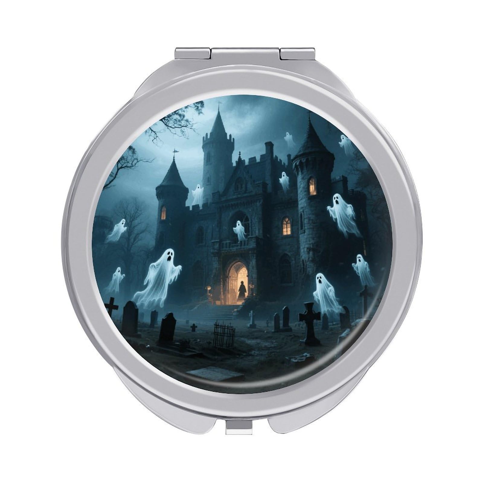 VstaDank Ghost Castle Travel Makeup Mirror 2 X /1 X Magnifying Mini Vintage Pocket Mirror for Purse Small Portable Folding Small Round Mirrors Portable Vanity Mirrors for Women