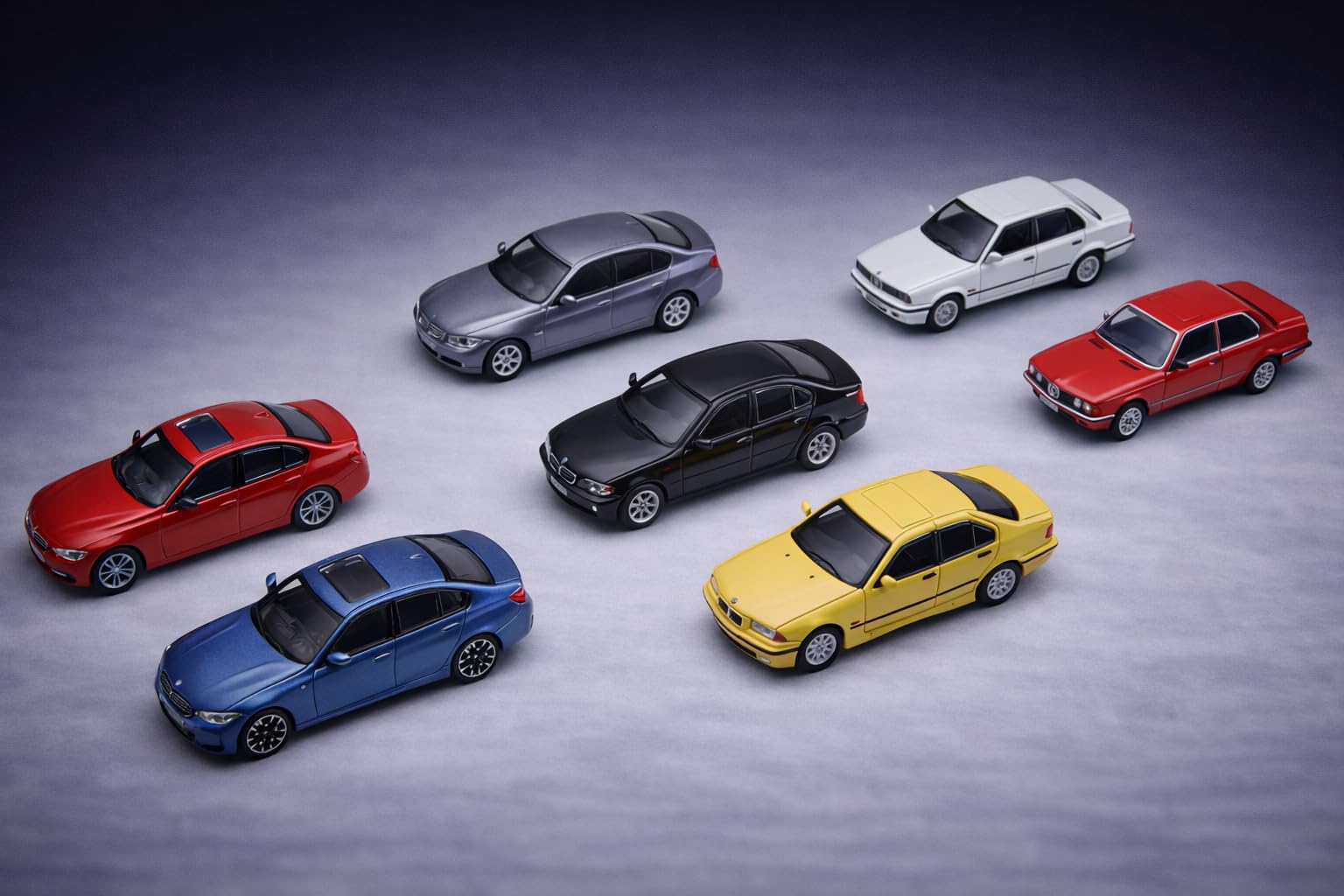 BMW Miniatur Auto Collector Car Edition – 50 Jahre 3er – 7 Modelle im Maßstab 1:64 – Sammleredition - Miniatur Modellauto Modellfahrzeug Miniaturauto Sammlermodell - Geschnek Set - Geschenkidee
