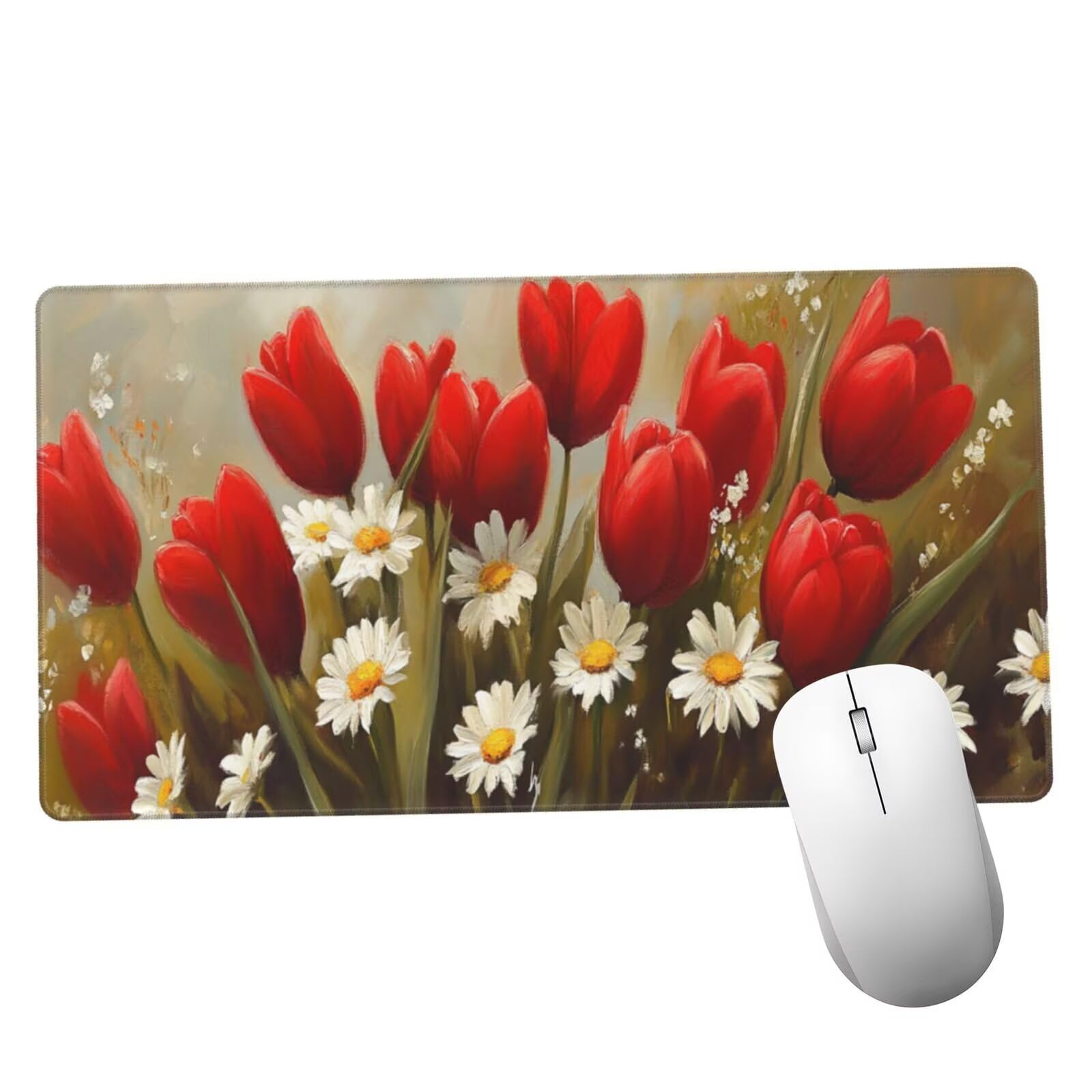 Czerwona podkładka pod mysz XXL tulipanowa mata na biurko 1600 x 800 x 3 mm zmywalna podkładka do gier na laptopa, z antypoślizgową gumową podstawą do gier, PC, pracowników biurowych Y829