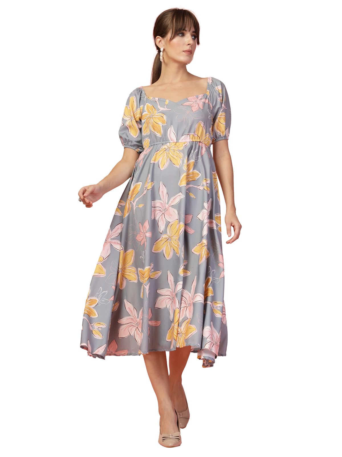 Oomph! Flared Dress For Women Stylish | Long One Piece For Women | Puff Sleeve Long Dress | Floral Print Maxi One Piece | Western & Fusion Wear