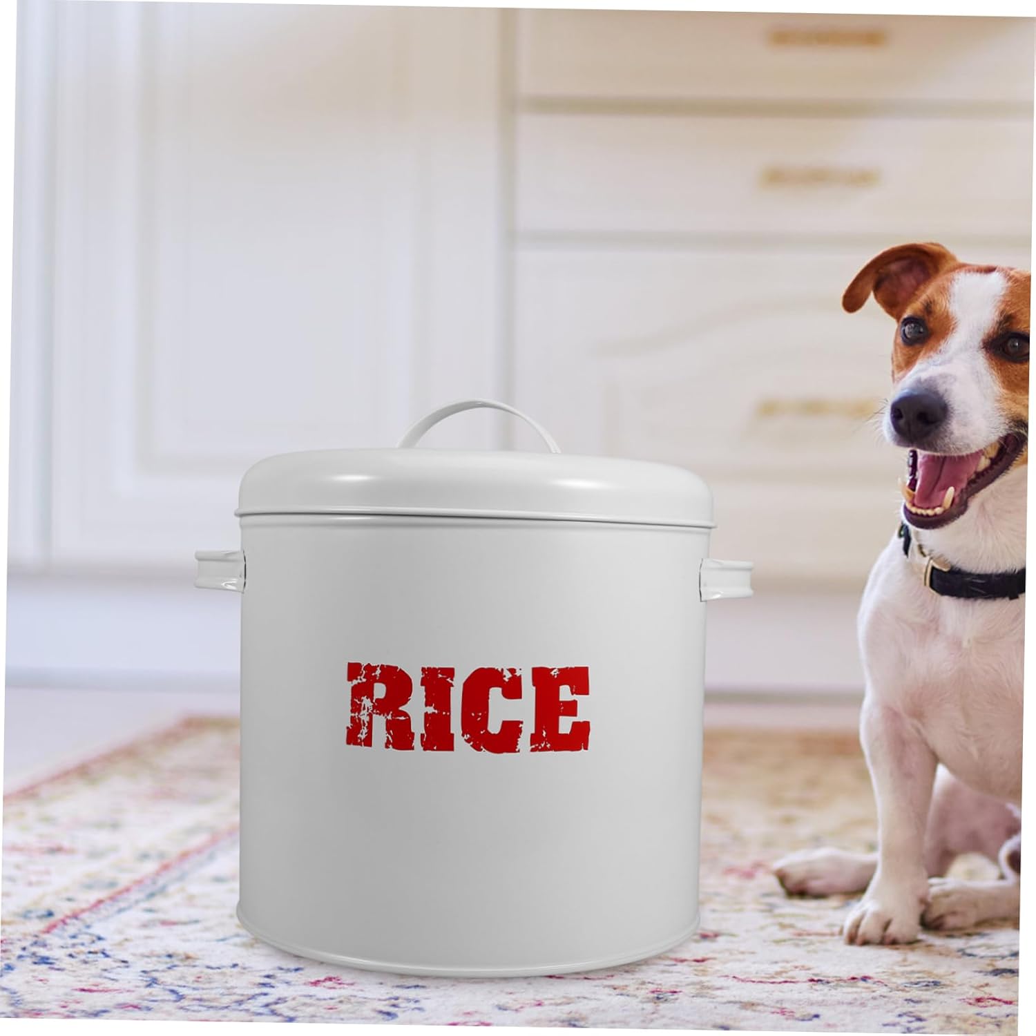 POPETPOP 1pc Iron Sheet Pet Food Storage Bucket with Measuring Cup Airtight Container for Dog and Cat Food Large Capacity Design for Storage White