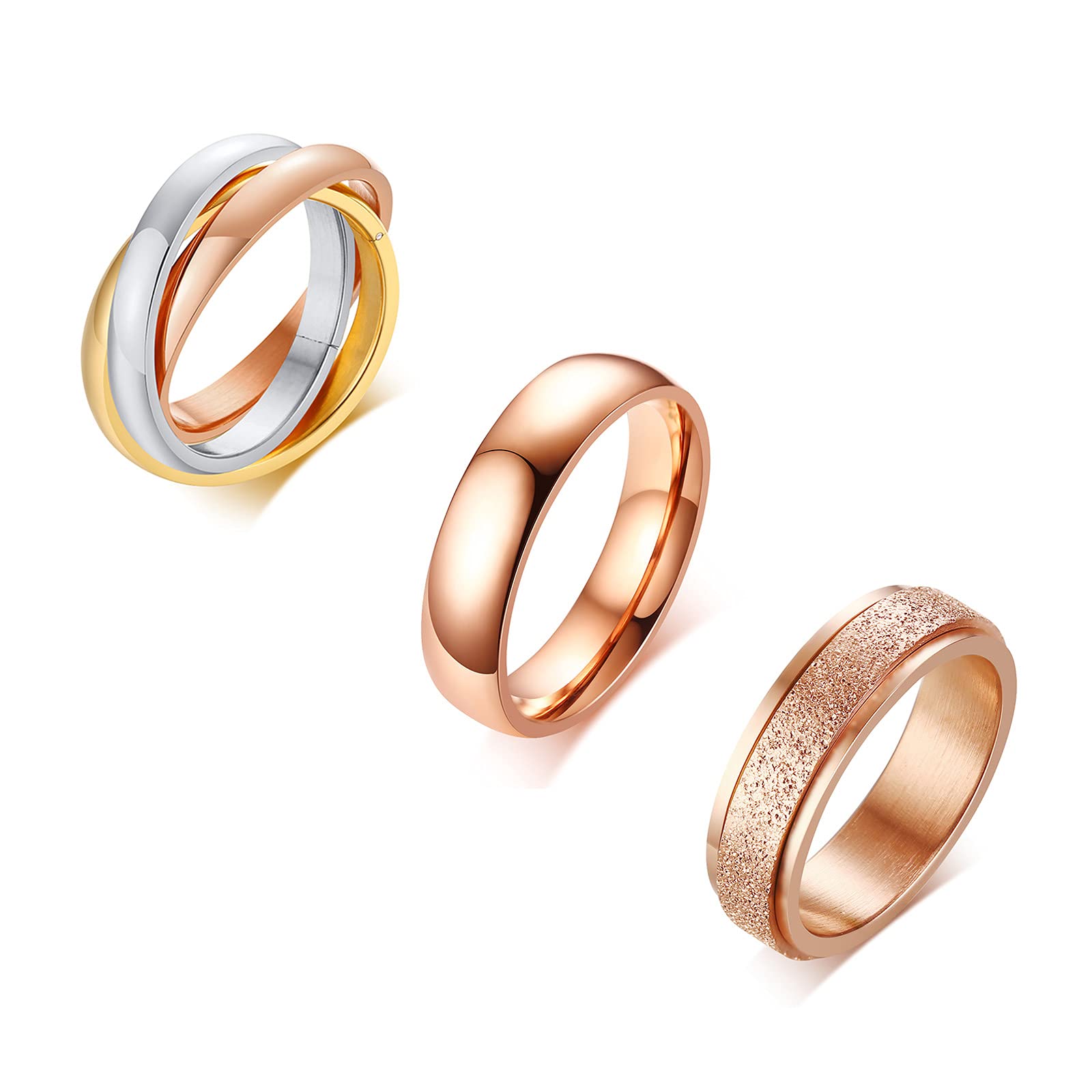 VNOX 3 Pcs Stainless Steel Spinner Fidget Rings for Women Blast Finish Stress Relieving Rings Triple Interlocked Rolling Wedding Promise Rings Band Ring Set