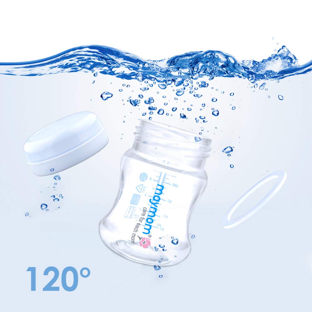 Maymom biberon col large pour conservation du lait avec capuchon de transport et anneau d’étanchéité, accessoire compatible avec tire-laits S1 S2 et biberons Natural Classic, 140 ml, lot de 6