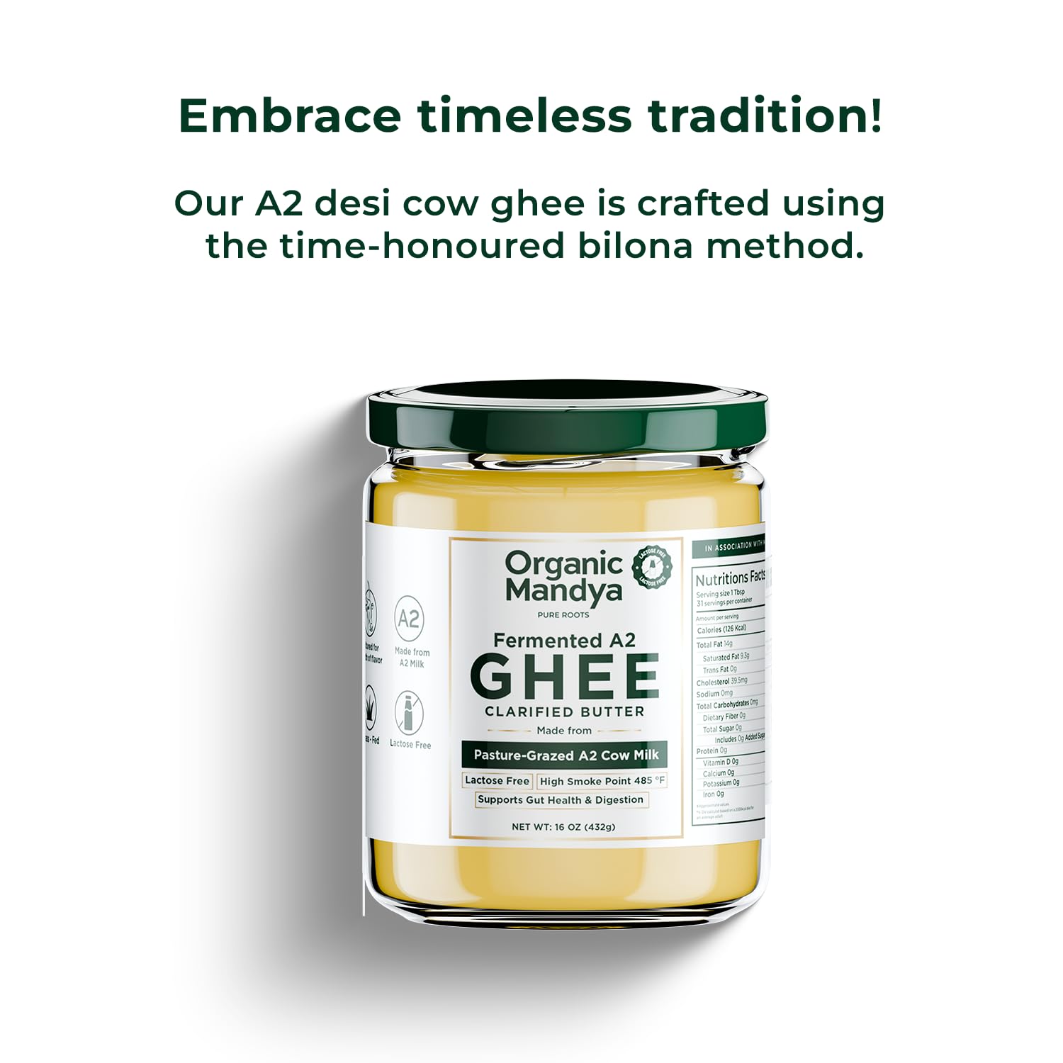 A2 Desi Grass-Fed Ghee Clarified Butter, Pasture Raised, Lactose Free, Stress-Free Cattle (16 Oz / 475 ml) by Organic Mandya