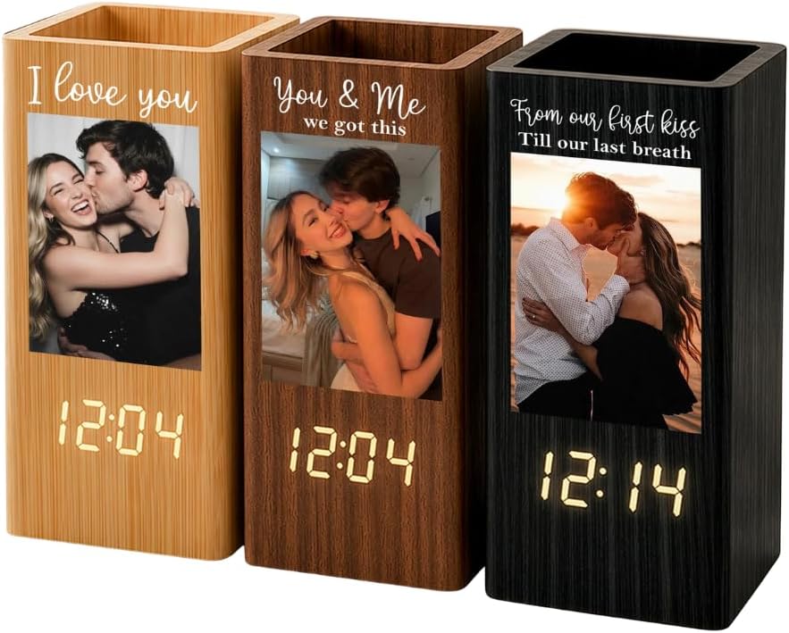 You & Me We Got This - Personalized Pen Holder With Clock, Custom Couples Photo Pen Holder with 3-in-1 LED Digital Time Temperature Date, Anniversary Birthday Gift for Couples, Him, Her