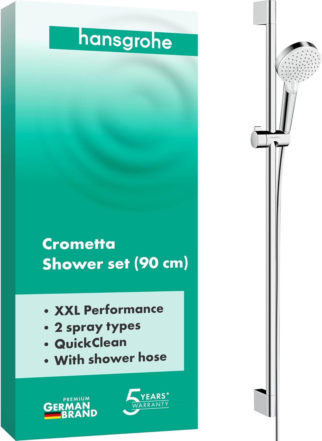 hansgrohe Crometta - Shower Set, Shower Head with Shower Rail 90cm, Shower Head Holder and Shower Hose 1,60m, Hand Shower with 2 Sprays, White/Chrome