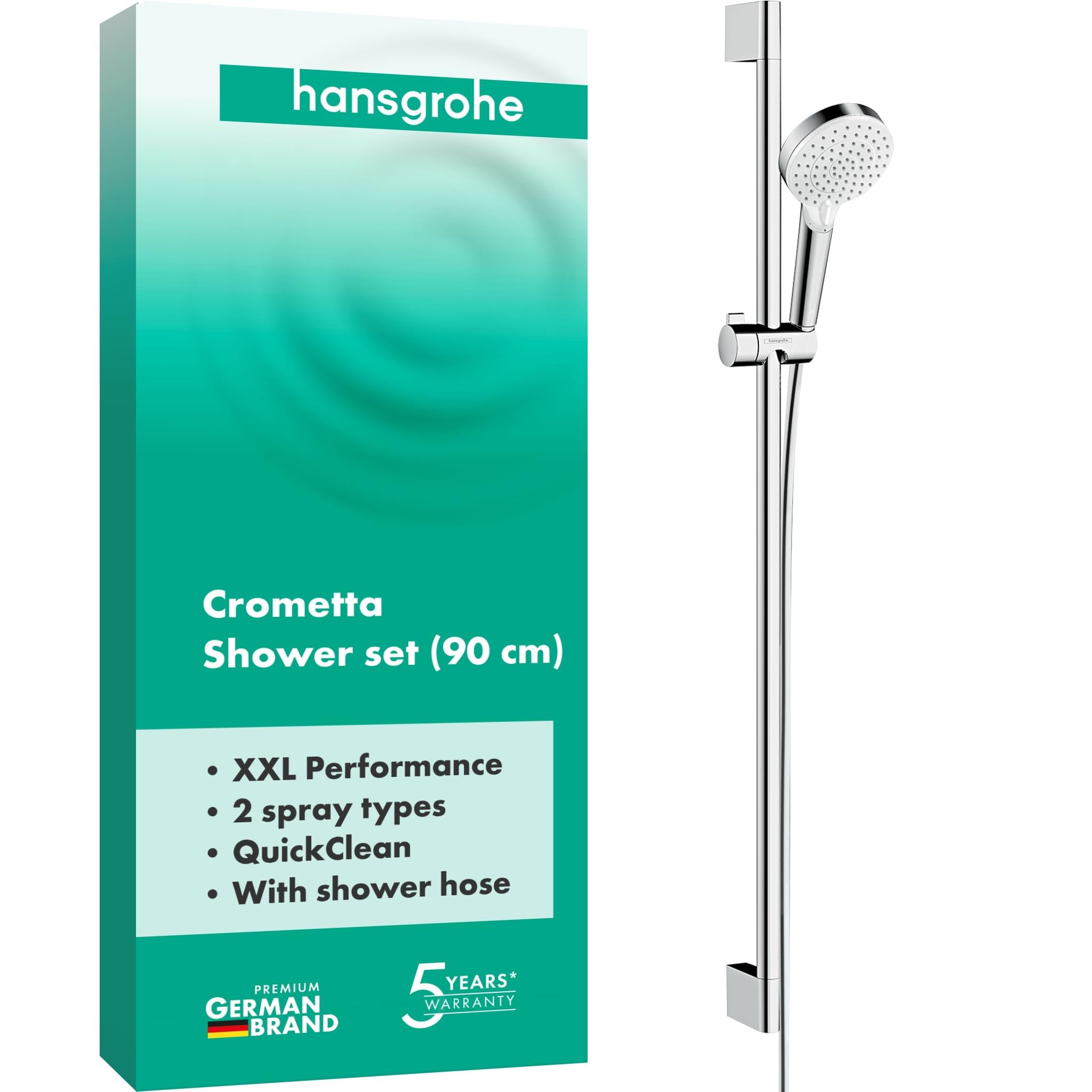 hansgrohe Crometta - Set Doccia, Doccetta con Asta Doccia 90Cm, Supporto Doccia e Flessibile Doccia 1,60M, Soffione Doccia con 2 Tipi di Getto, Bianco/Cromo