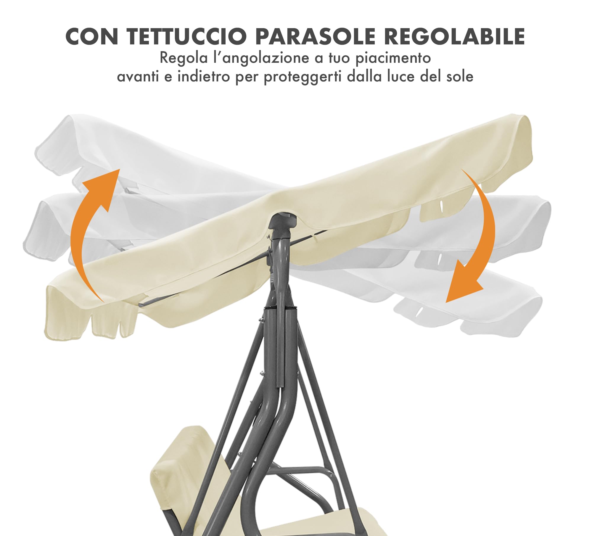 IlGruppone Dondolo da Giardino 3 Posti con Tetto Parasole Regolabile Reclinabile Impermeabile Struttura in Acciaio 173x109x157 Cm Tinta Unita Seduta Ammortizzata - Crema