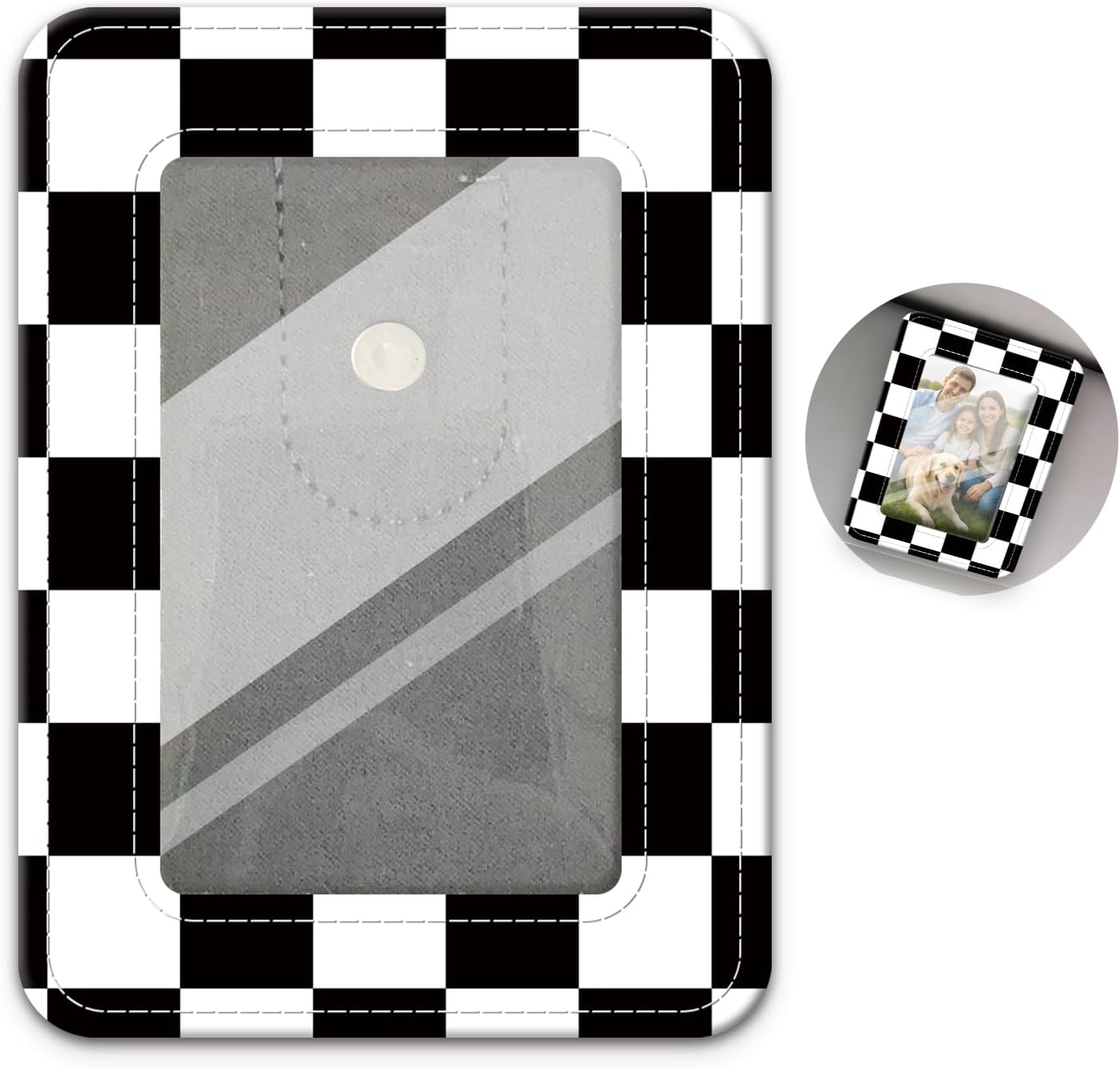 Leather Car Picture Holder and Visor Photo Clip, Cute Car Photo Holder Display Visor Photo Frame Vertical, fit 2.36"x3.54" Photo Classic Checkerboard