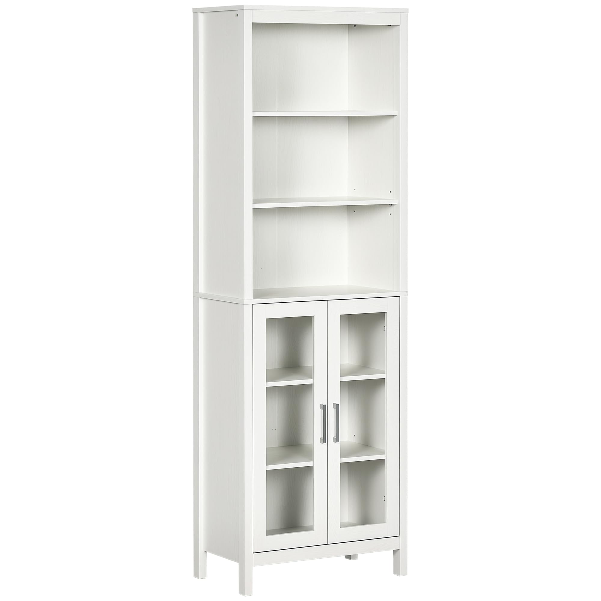 kleankin Armario Alto de Baño con 2 Puertas de Vidrio 53x30x162 cm Blanco | 3 Estantes Abiertos, Columna Auxiliar de Baño, para Salón Aseo Dormitorio, Estilo Moderno