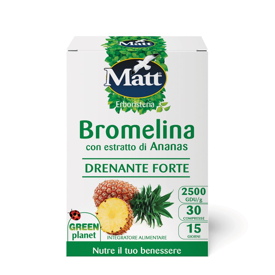 Matt, Bromelina Forte Drenante, Integratore Alimentare con Estratto di Ananas per il Drenaggio dei Liquidi, Alleviare la Pesantezza delle Gambe e Contrastare la Cellulite, 30 Compresse