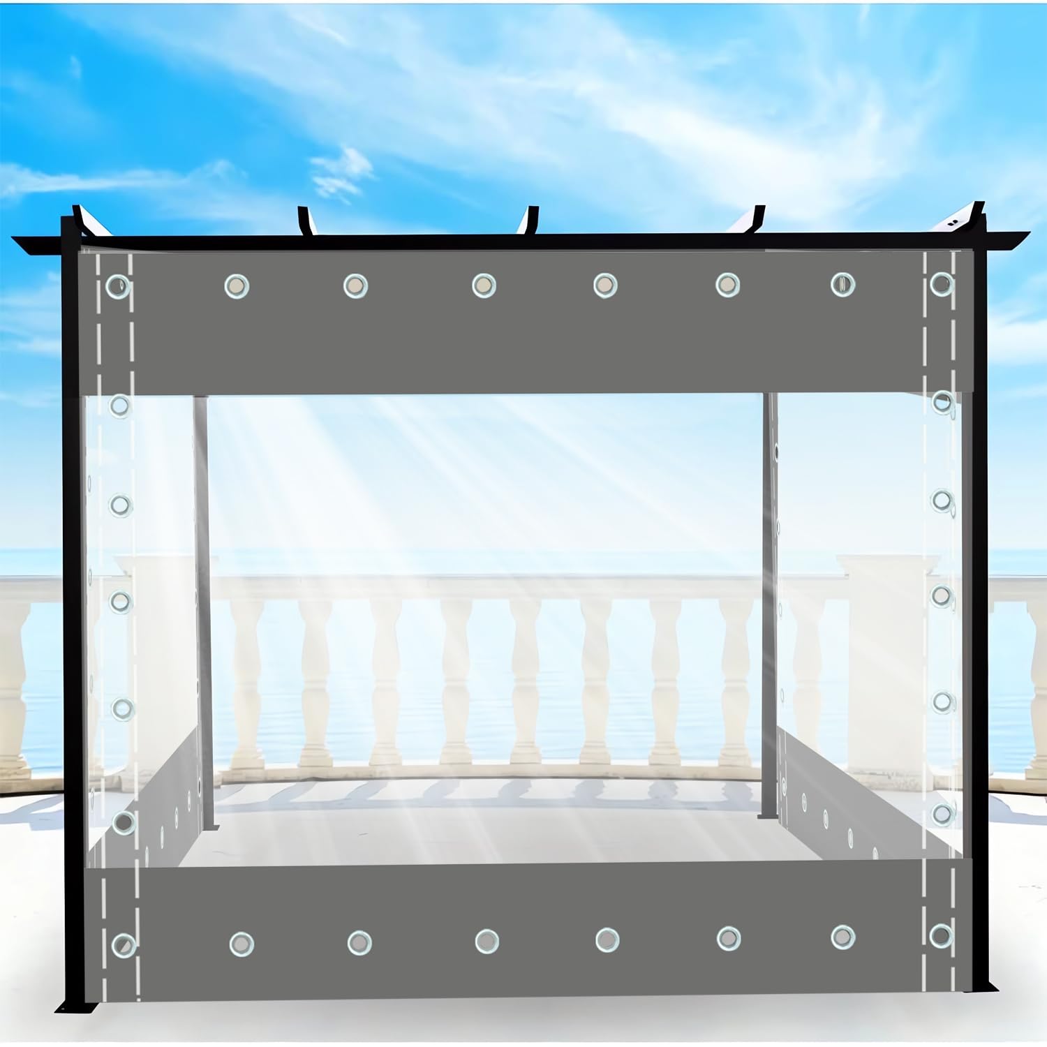 Bâche Transparente Imperméable 3,7x2,5m Avec Fermeture éclair - Pour Pergola, Tonnelle, Garage - Œillets Et Coupe-vent