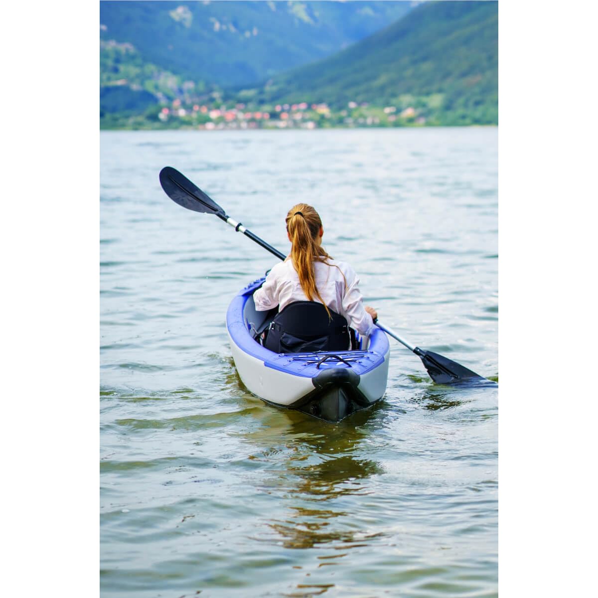 No Stress Kajak Einsitzer 350 cm I Inflatable Kajak mit Dropstitch-Technologie I Hervorragender Richtungstabilität, 3-Kammer-System I Inkl. Paddel, Sitz, Pumpe, Finne, Rucksack, Repair Kit