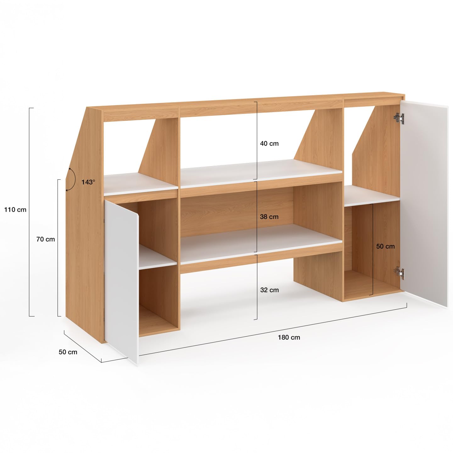 TOMI Set Regal 2 Ebenen Schrank 1 Tür Nische unter Dachschräge Buche Weiß