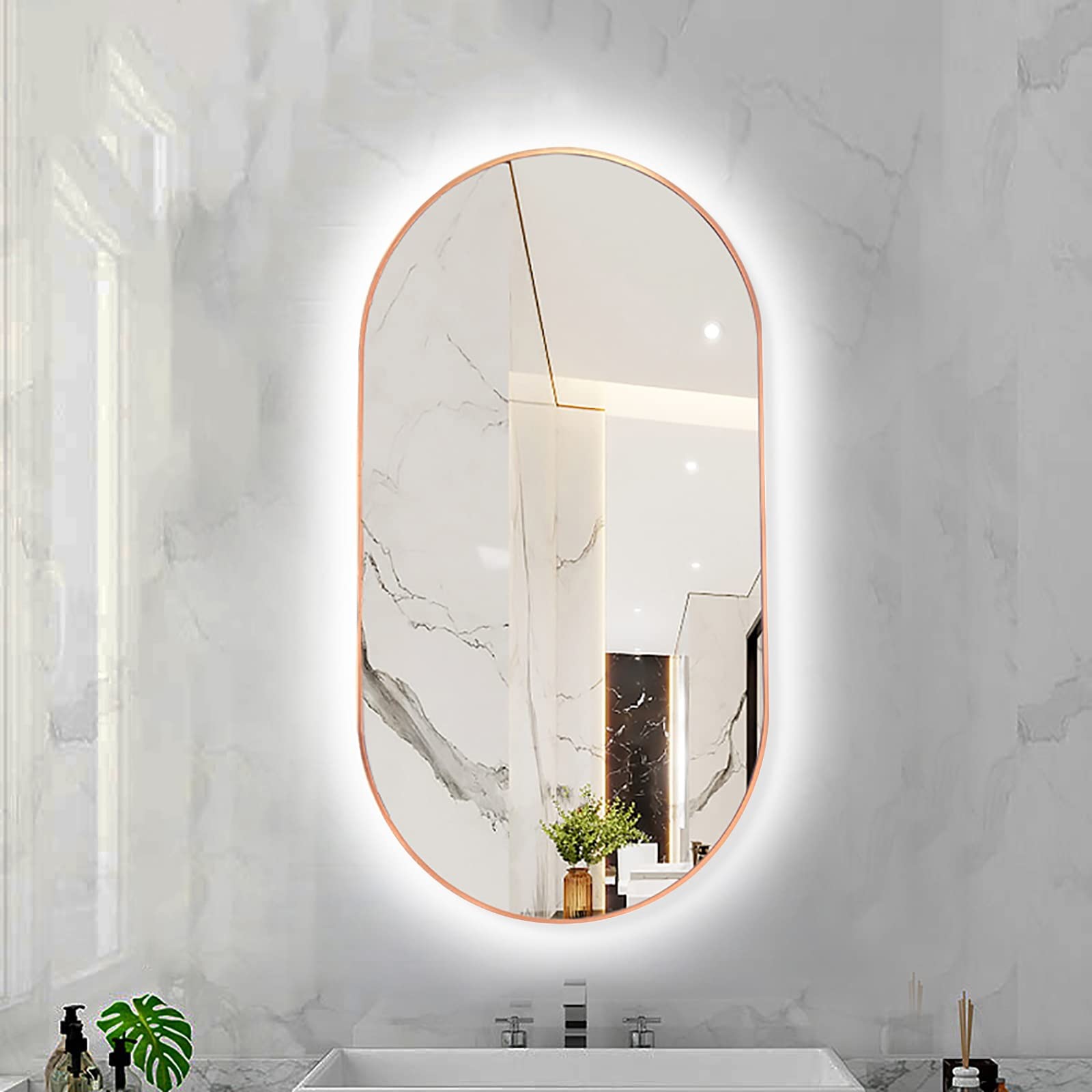 FGXHHS LED Oval with Metal Frame, Backlit Illuminated Lighted Wall Hanging Vanity for Bedroom Entryway (Color : Rose Gold - White Light, Size 40X80CM)