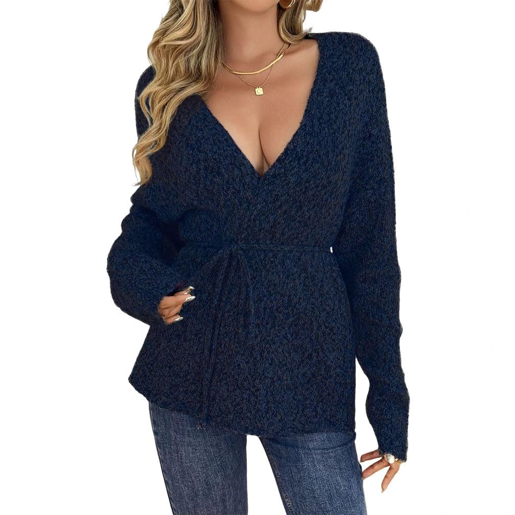 Women Oversized V Neck Belt Tie Wrap Sweater Cardigan Winter Trendy Long Sleeves Open Front Knit Long Cardigans