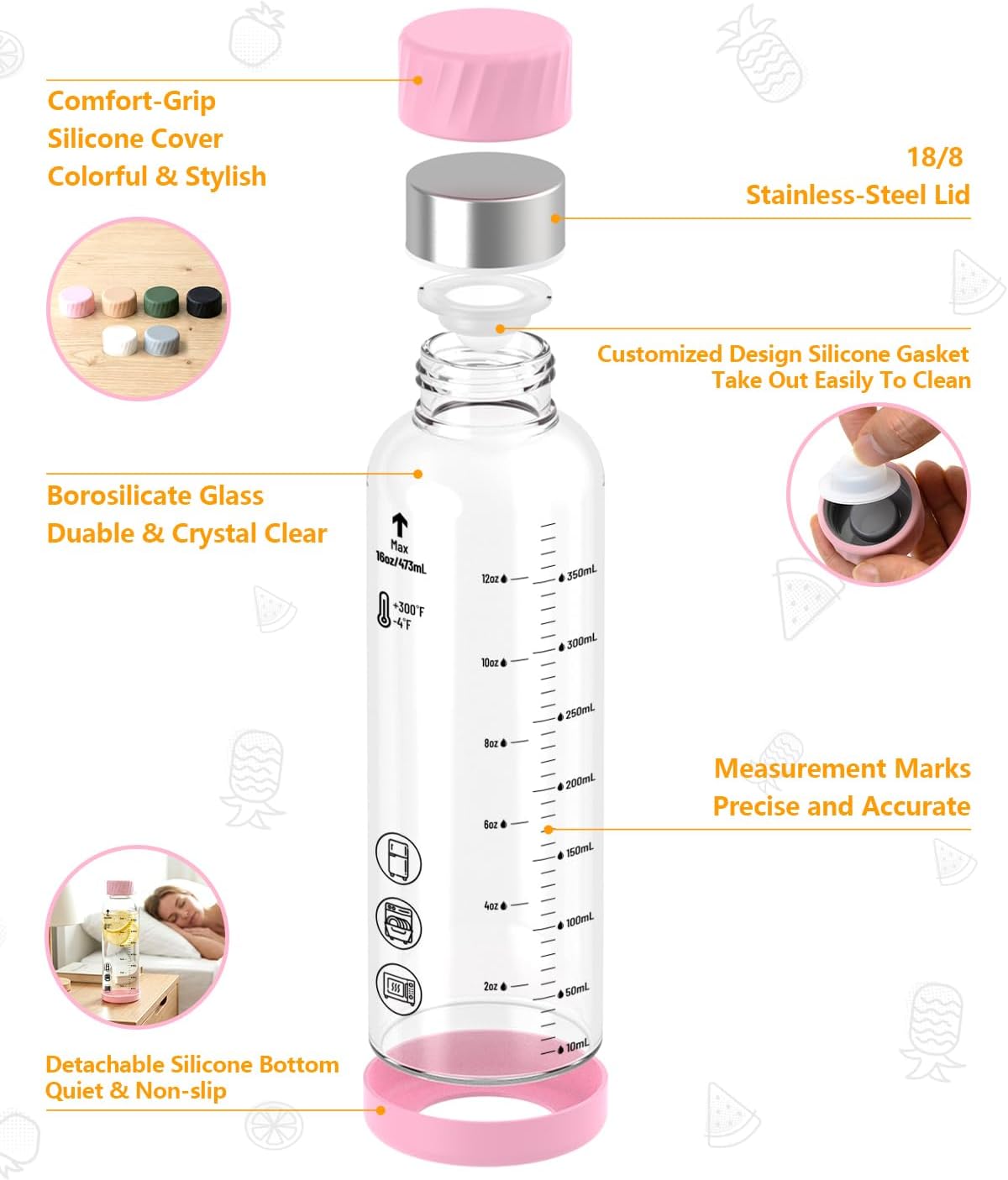 Zukro Glass Water Bottles with Colored lids 16 oz - 4 Pack Heat-resistant Borosilicate Juice Bottles with Stainless Steel Cap for Juicing, Protein, Milk, Smoothies - Airtight Leak proof, BPA Free - Image 3