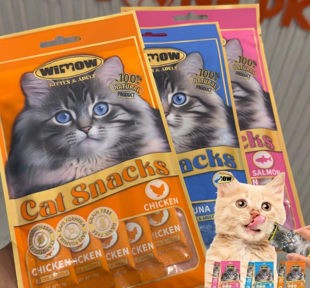 Wimow (15 Pieces) Cat Treats, Tuna Salmon,Chicken, Adult Cat, 5 Pack, 15g Each, High Protein Cat Food, Stripe Shape, Wet Food Cat Treats, Hairball Control, Pet Supplies ((3 Pack, Mixed Flavors)) Mixed 3 Pack