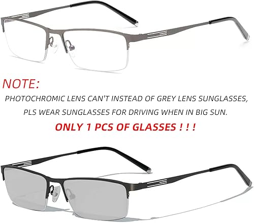 Miniatura 7 de Anteojos de lectura fotocromáticos para hombres de negocios cuadrados de metal con medio marco para lectores de lentes fotocromáticas al sol (negro,