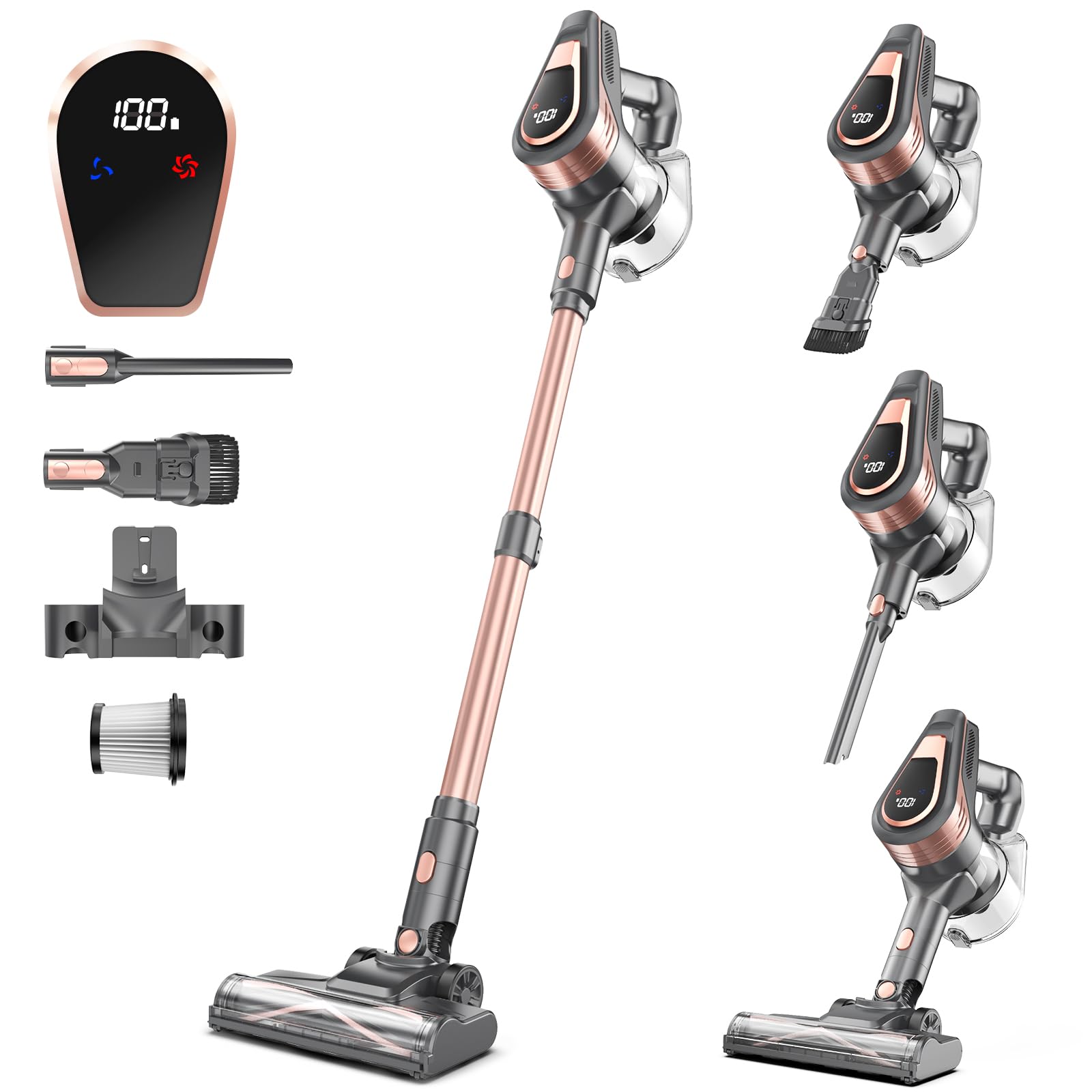 Aspirateur Balai sans Fil 300W, 45Min, Brosse Anti-Emmêlement, Batterie Amovible, Écran LED pour Tapis et Poils d‘Animaux (Jaune)