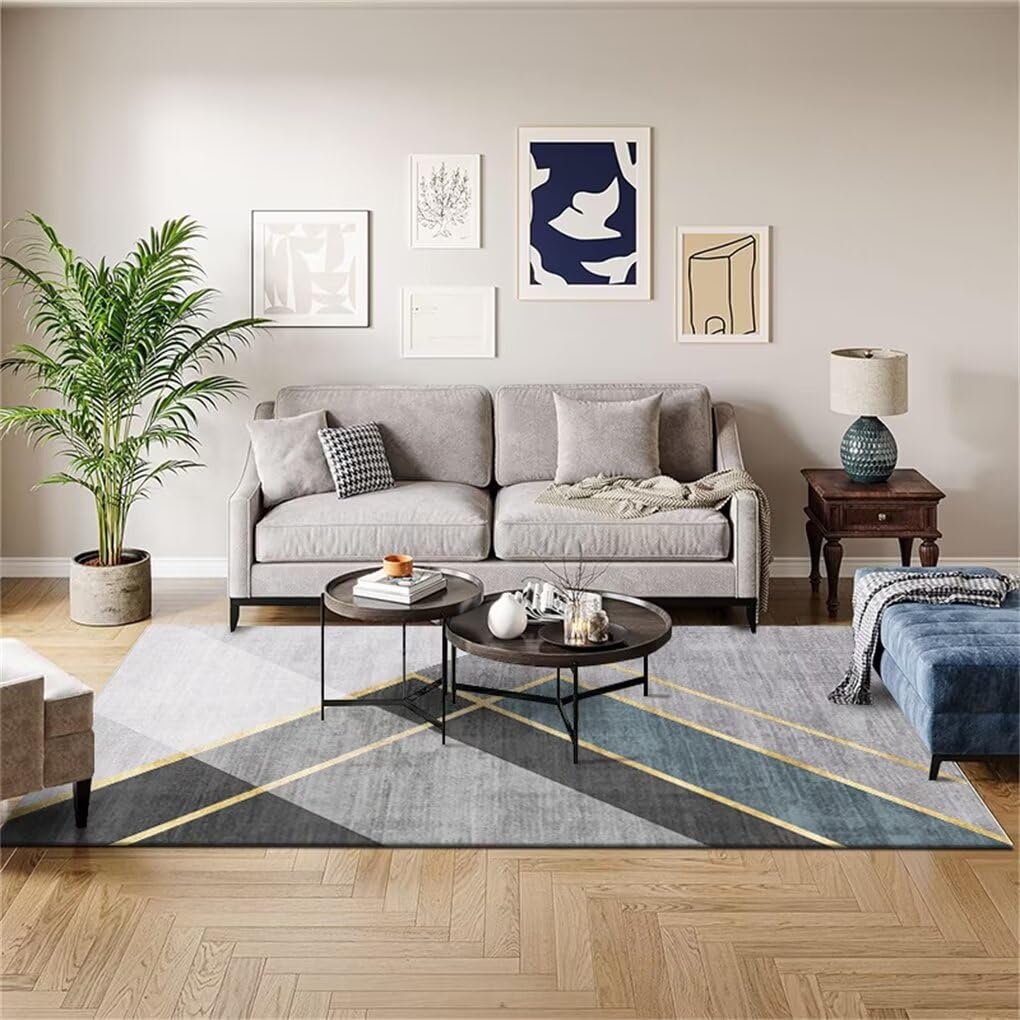 Tapis au design rayé minimaliste moderne bleu et gris lavable 200x300