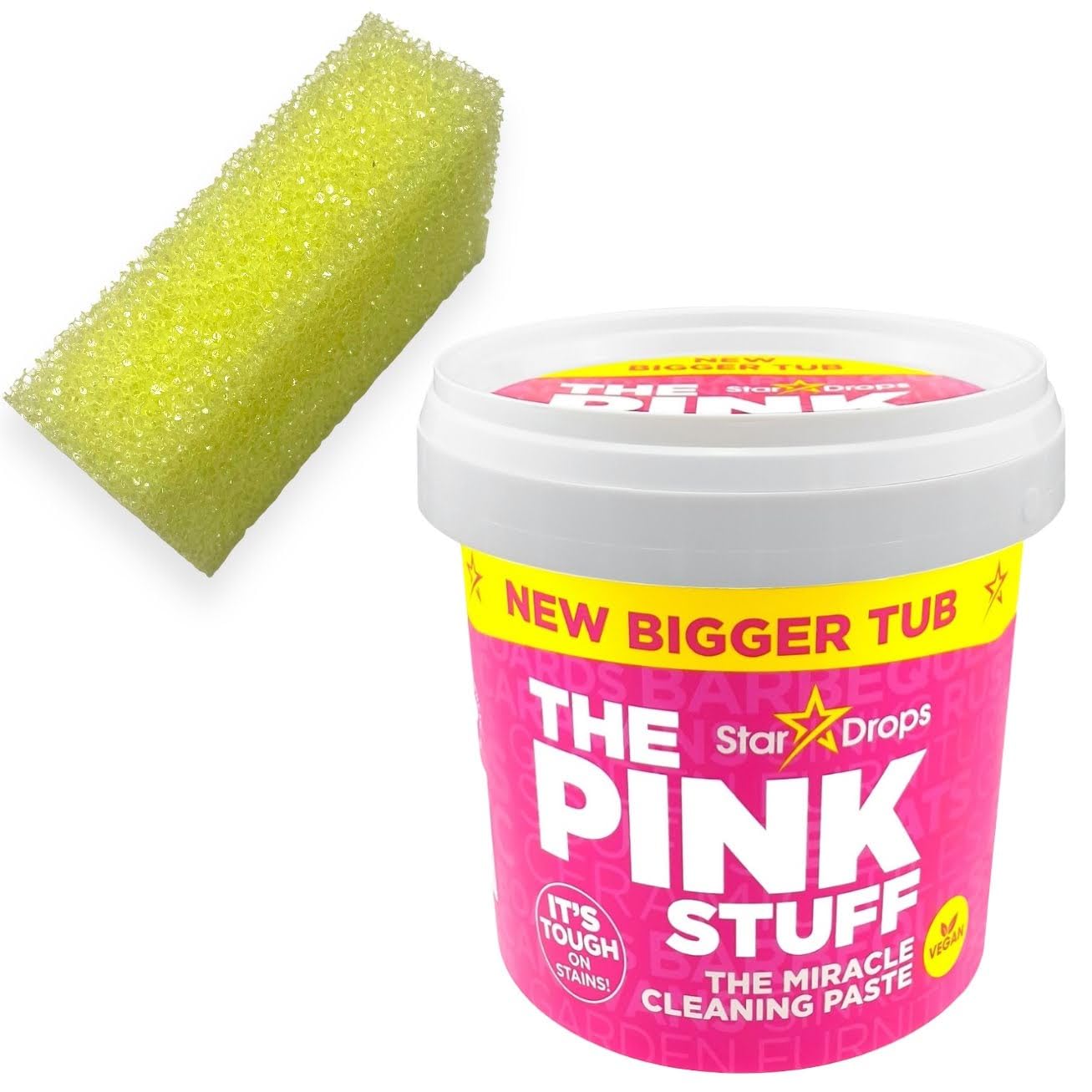 Pink Cleaning Stuff Cleaning Paste 850g Vegan Non-Toxic All Purpose Cleaner for Bathroom Kitchen Oven - Includes 1x Yellow Tough Scrub Scrubbing Pad