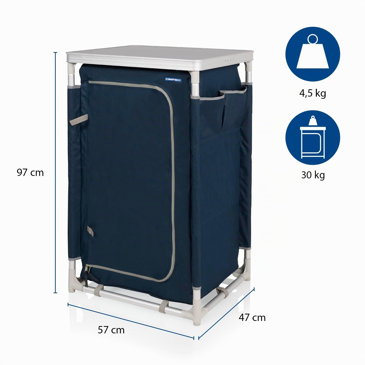 Campart CU-0410 – Credenza da campeggio Nantes – 4 piedi regolabili – 3 compartimenti – Blu, Grande
