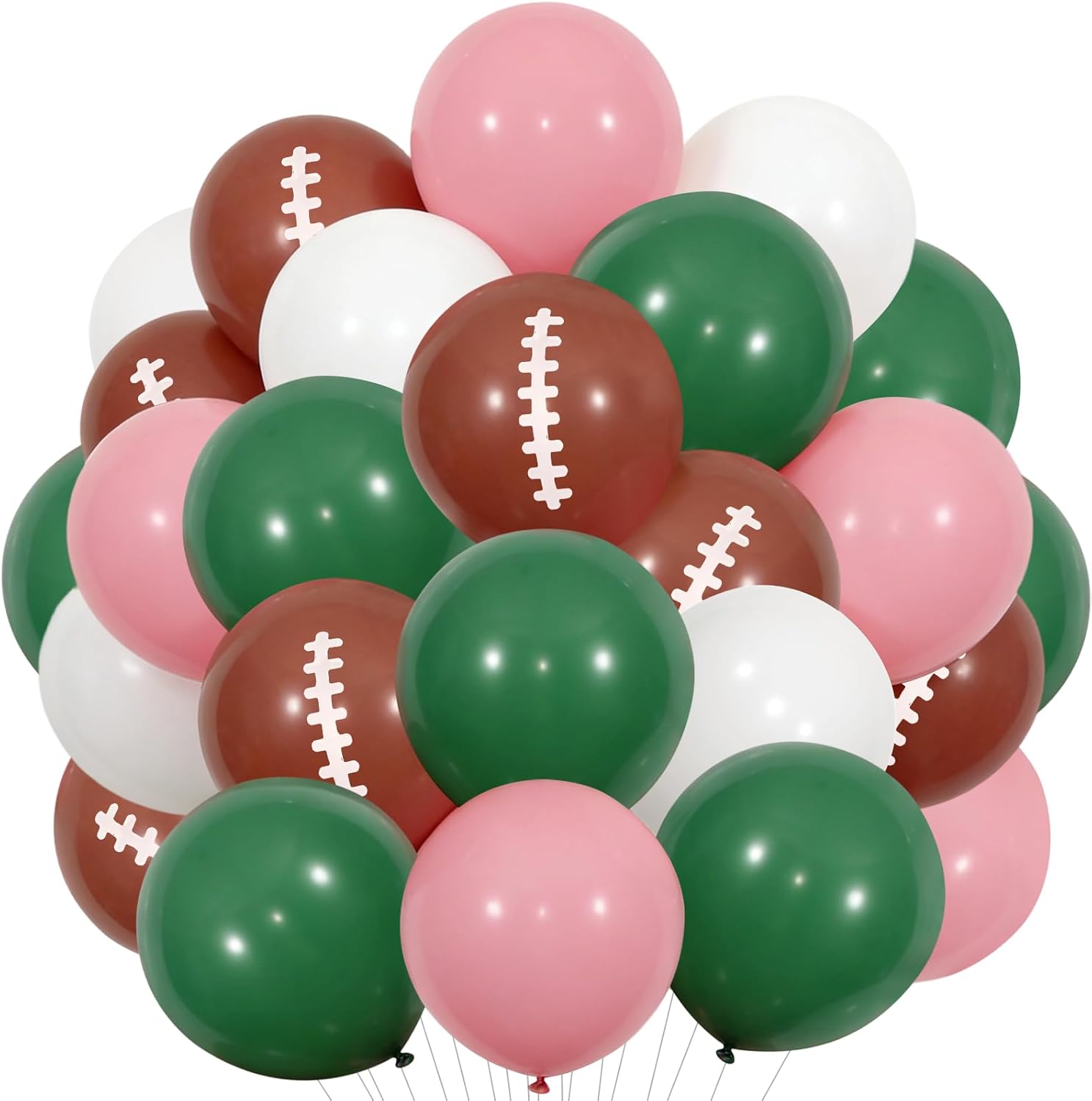 Football Balloons, 48 Pcs 12 Inch Brown Green White Pink Latex Balloons for Girls, Rugby Super Bowl Touch Down Sports Theme Birthday Party Supplies