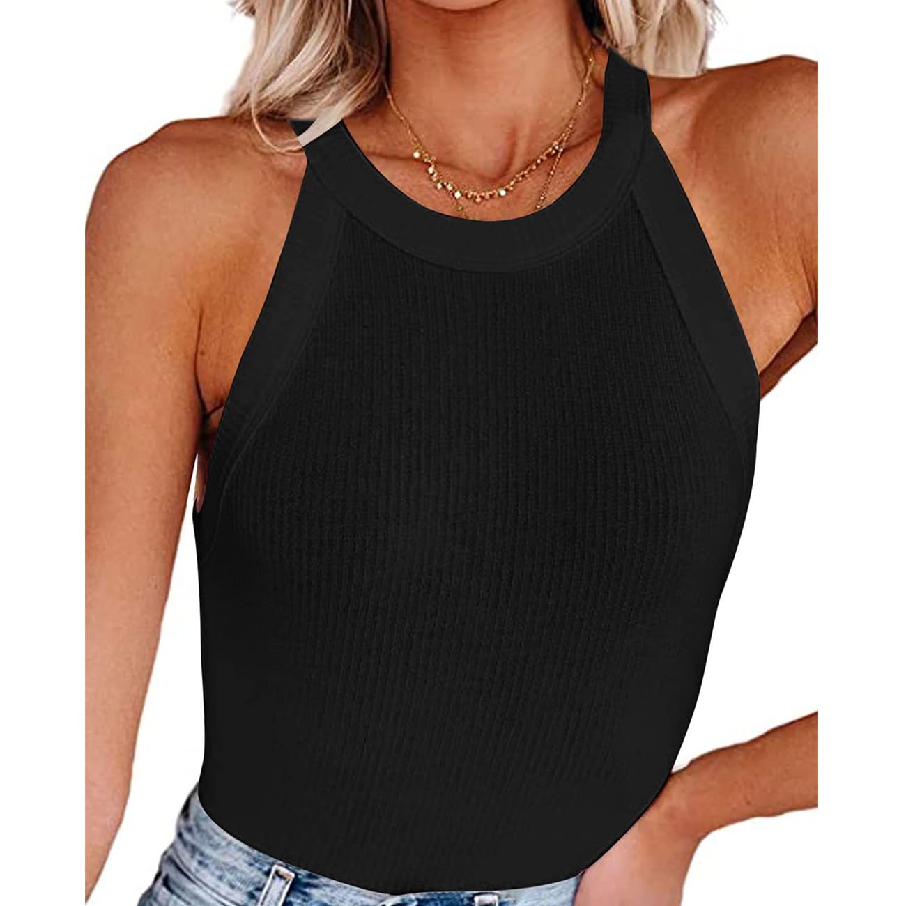 RPAEOY Camiseta Tirantes Mujer Acanalado Cuello Redondo Sexy Sin Mangas Camisetas Lencera Elástico Crop Top Básica Casual Verano Tank Top Chaleco Racer