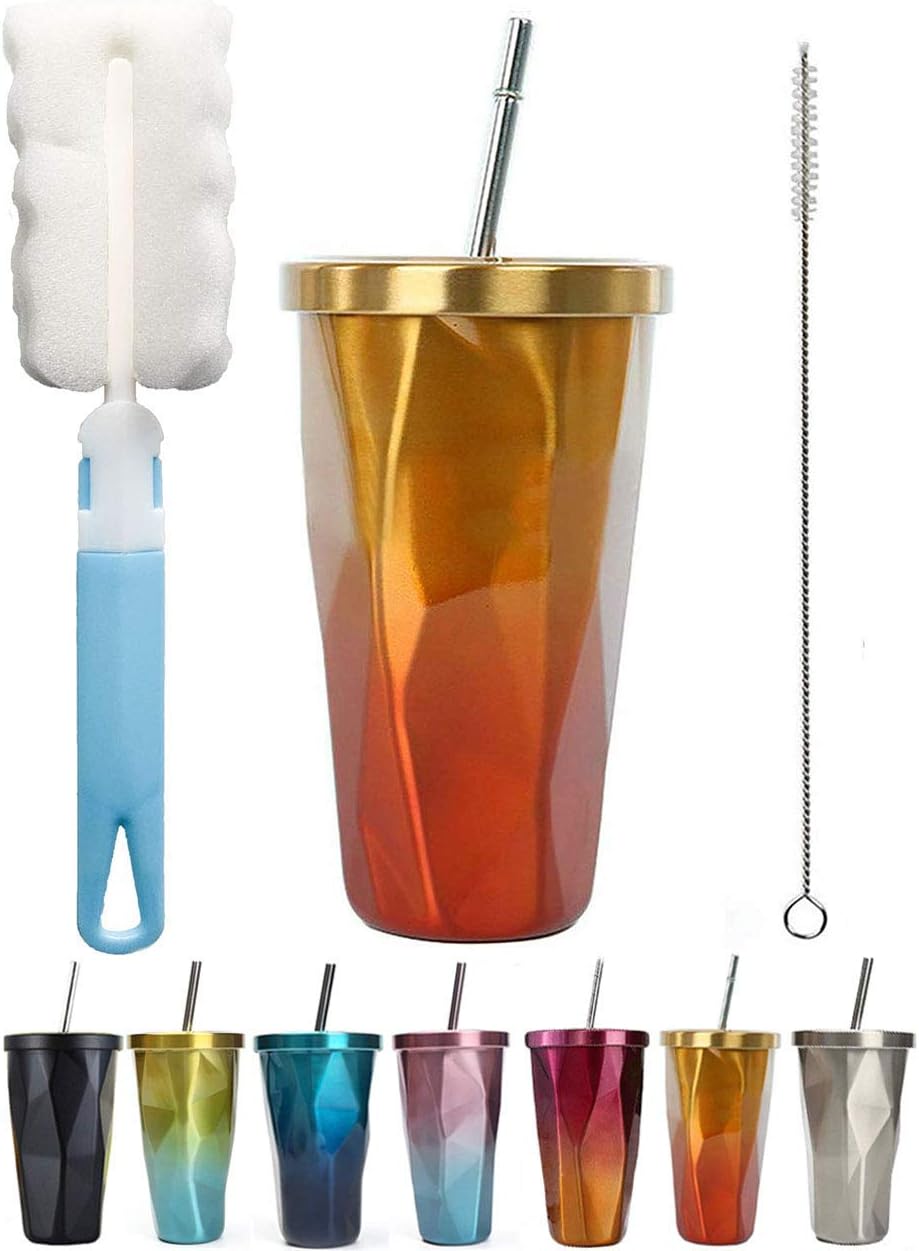 Coffee Mug Travel Cup with Straw Stainless Steel Tumbler Vacuum Insulated Office Mug Car Drinking Cups for Ice Cold or Warm Drinking Orange 16oz/473ML
