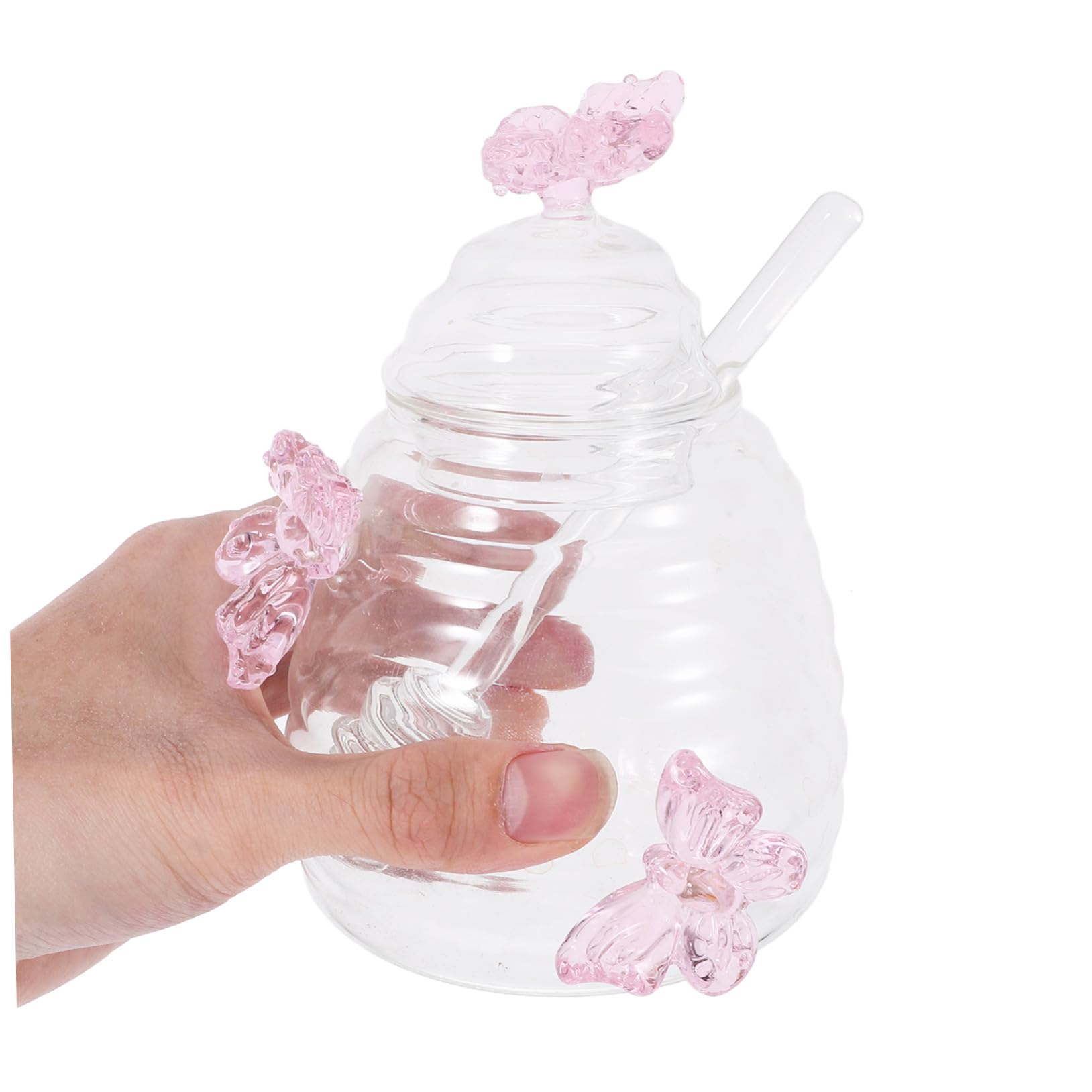 TOYANDONA Honigglas aus Glas mit Schmetterlingsmotiv 500ml Transparenter Honigtopf mit Deckel und Rührstab Einfach zu Reinigen und Frischebewahrung in Küche