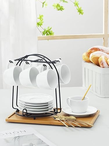 Miniatura 4 de Yedio Tazas y platillos de espresso con cucharas y soporte de metal, tazas de café de porcelana de 4 onzas, juego de 6 para bebida de capuchino,